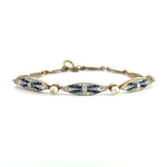 18k Gold & Platinum Art Deco Diamond Sapphire Pearl Bracelet