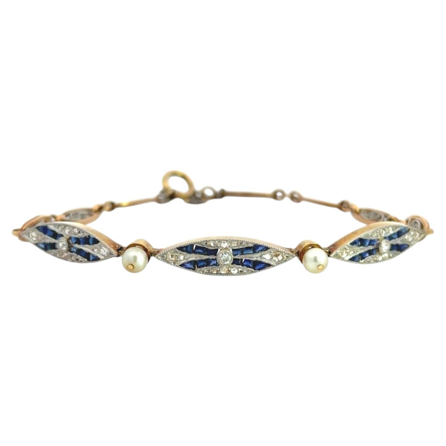 18k Gold & Platinum Art Deco Diamond Sapphire Pearl Bracelet
