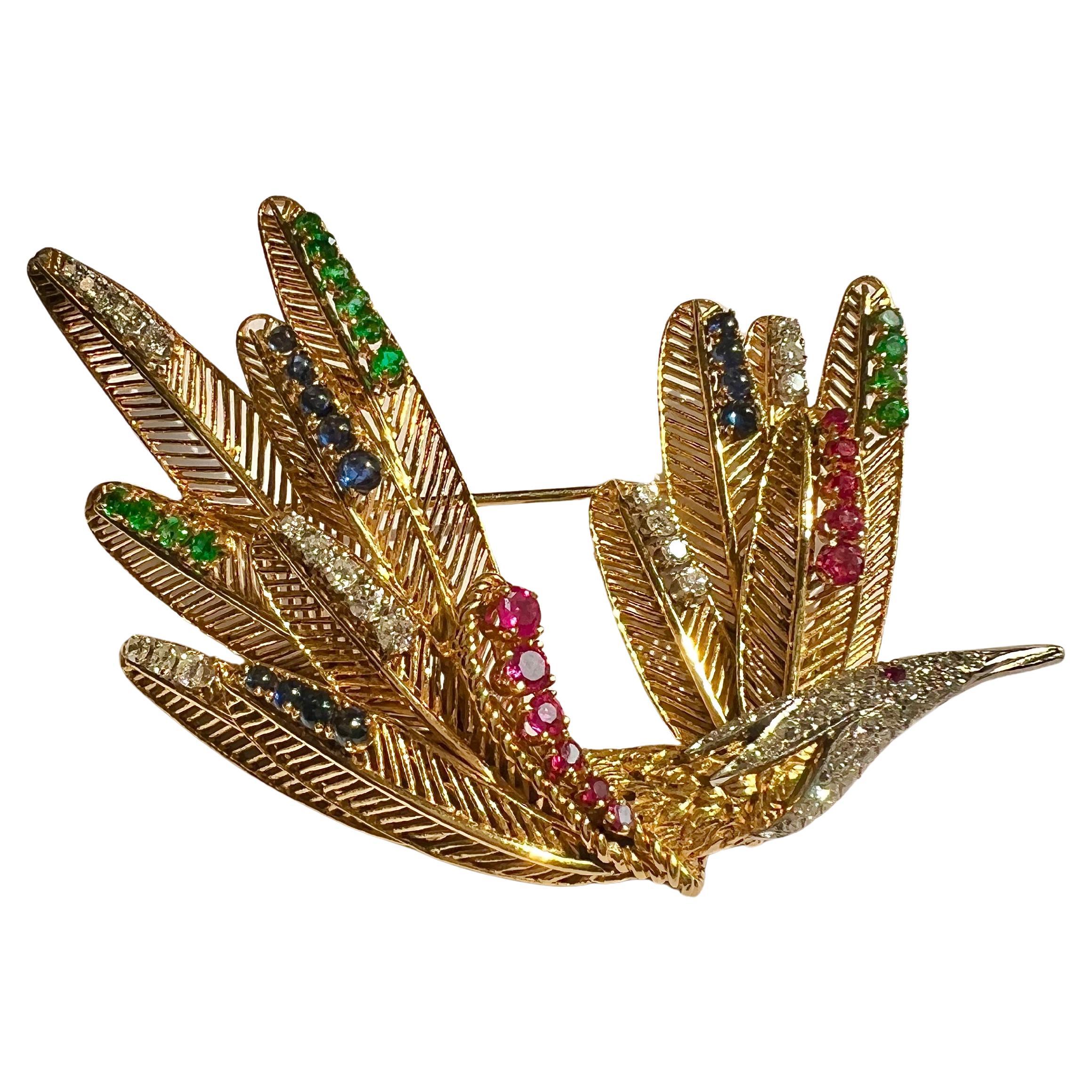 18k Gold, Platinum, Colored Stone and Diamond Bird Brooch