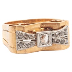 1930's Art Deco Old Cut Diamond 18 Karat Gold Platinum Bow Ring