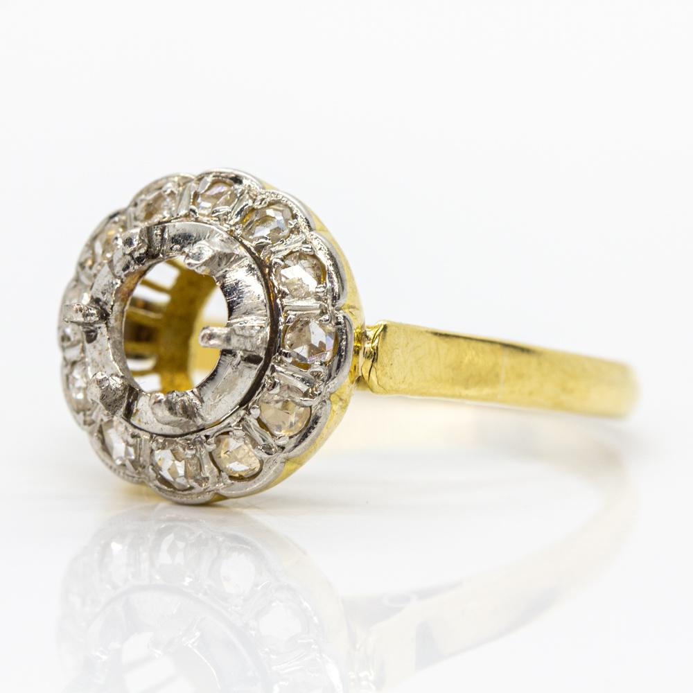 Rose Cut 18 Karat Gold and Platinum Diamond Semi Mounting Ring