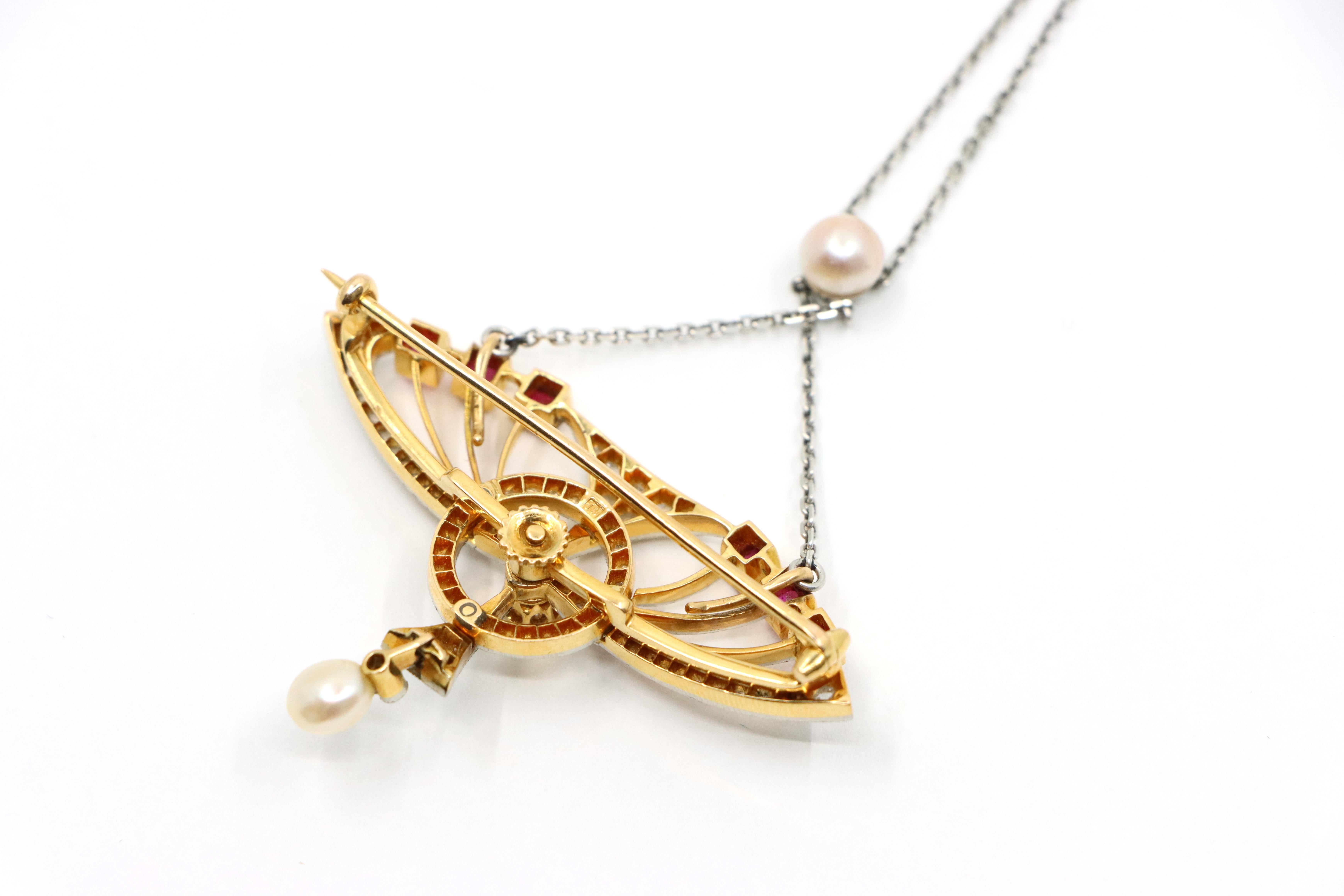 18 Karat Gold & Platin Diamanten Rubin Perlen Brosche Halskette im Angebot 5