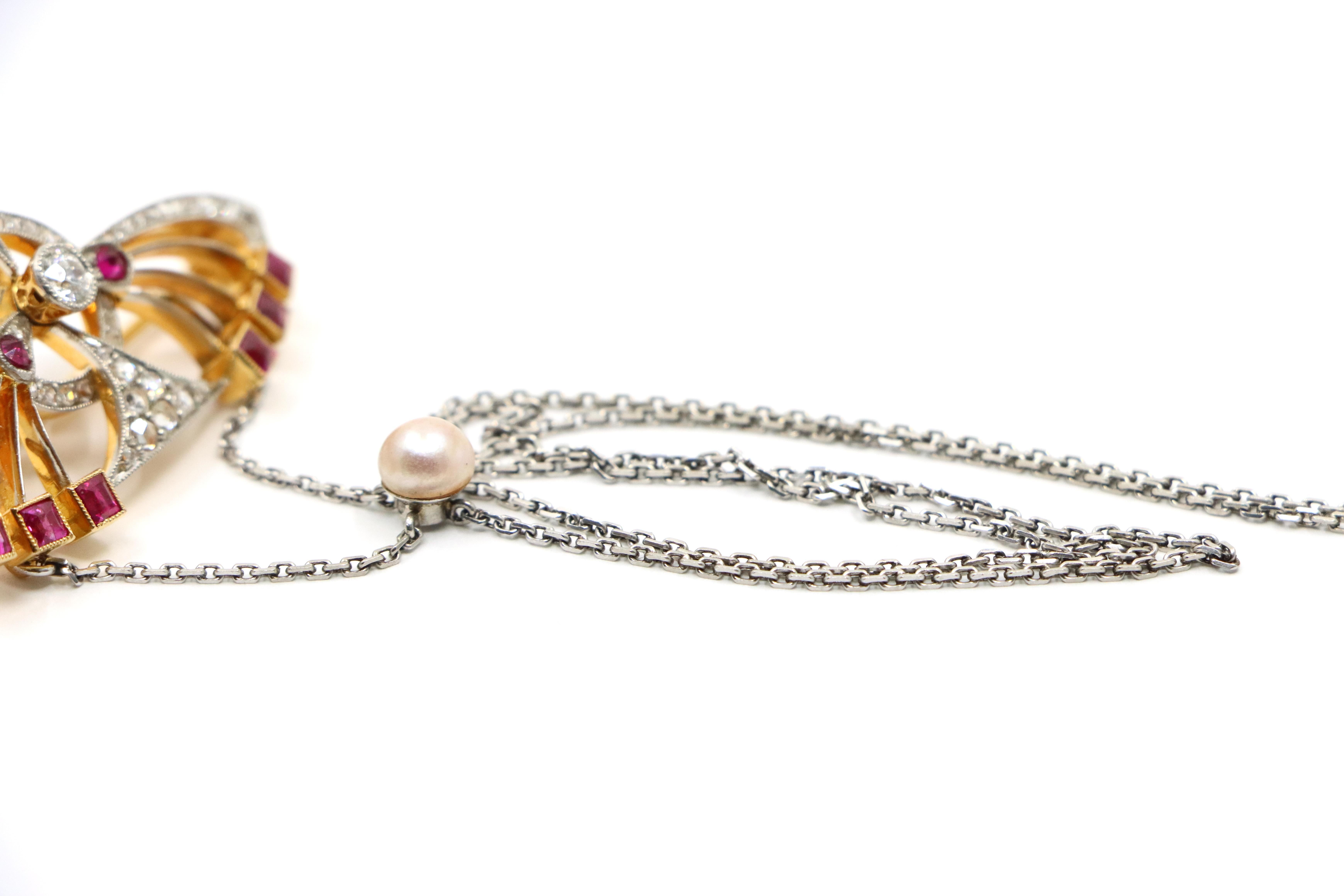 18 Karat Gold & Platin Diamanten Rubin Perlen Brosche Halskette im Angebot 7