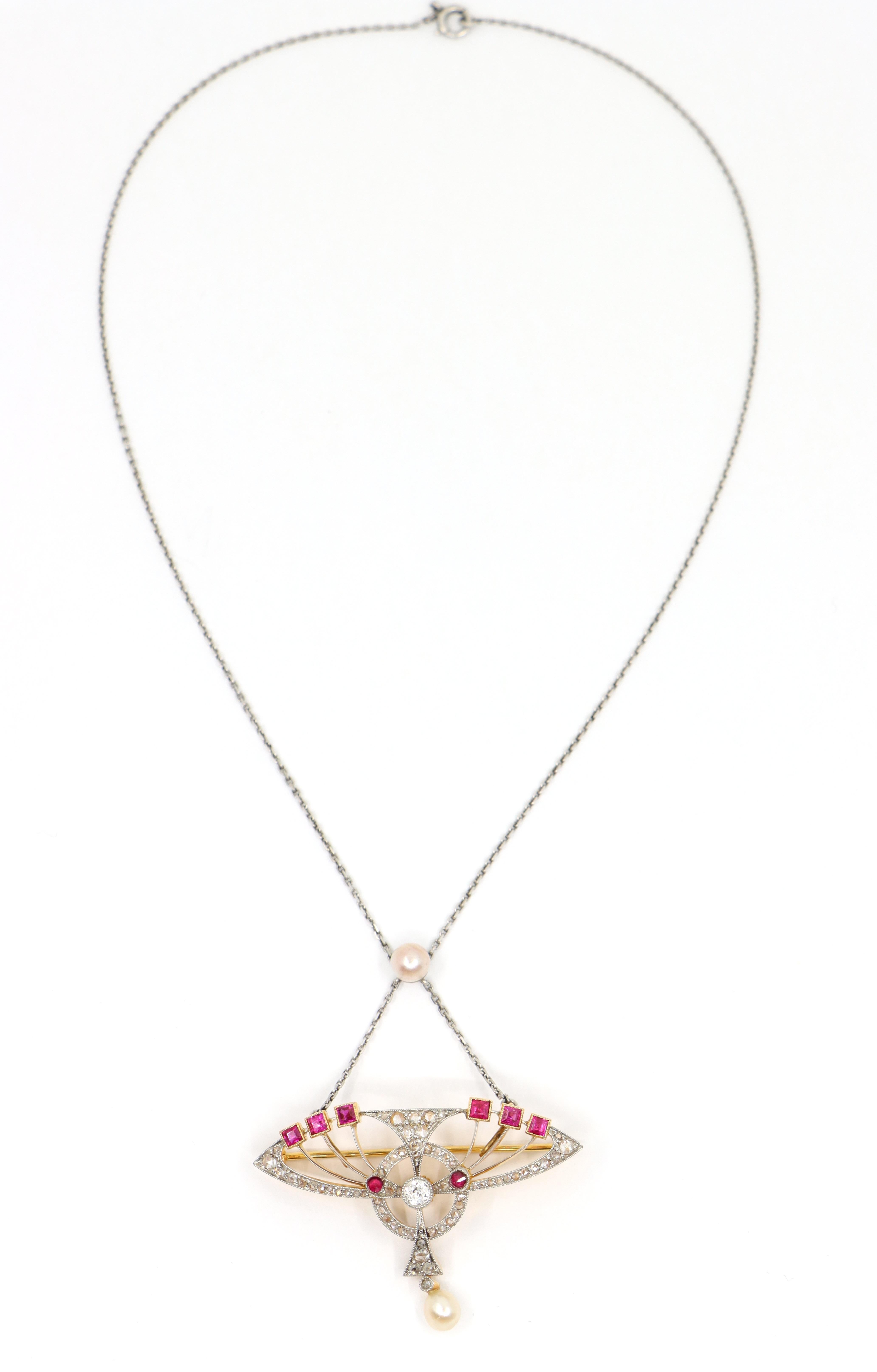 18 Karat Gold & Platin Diamanten Rubin Perlen Brosche Halskette im Zustand „Gut“ im Angebot in Flushing, NY