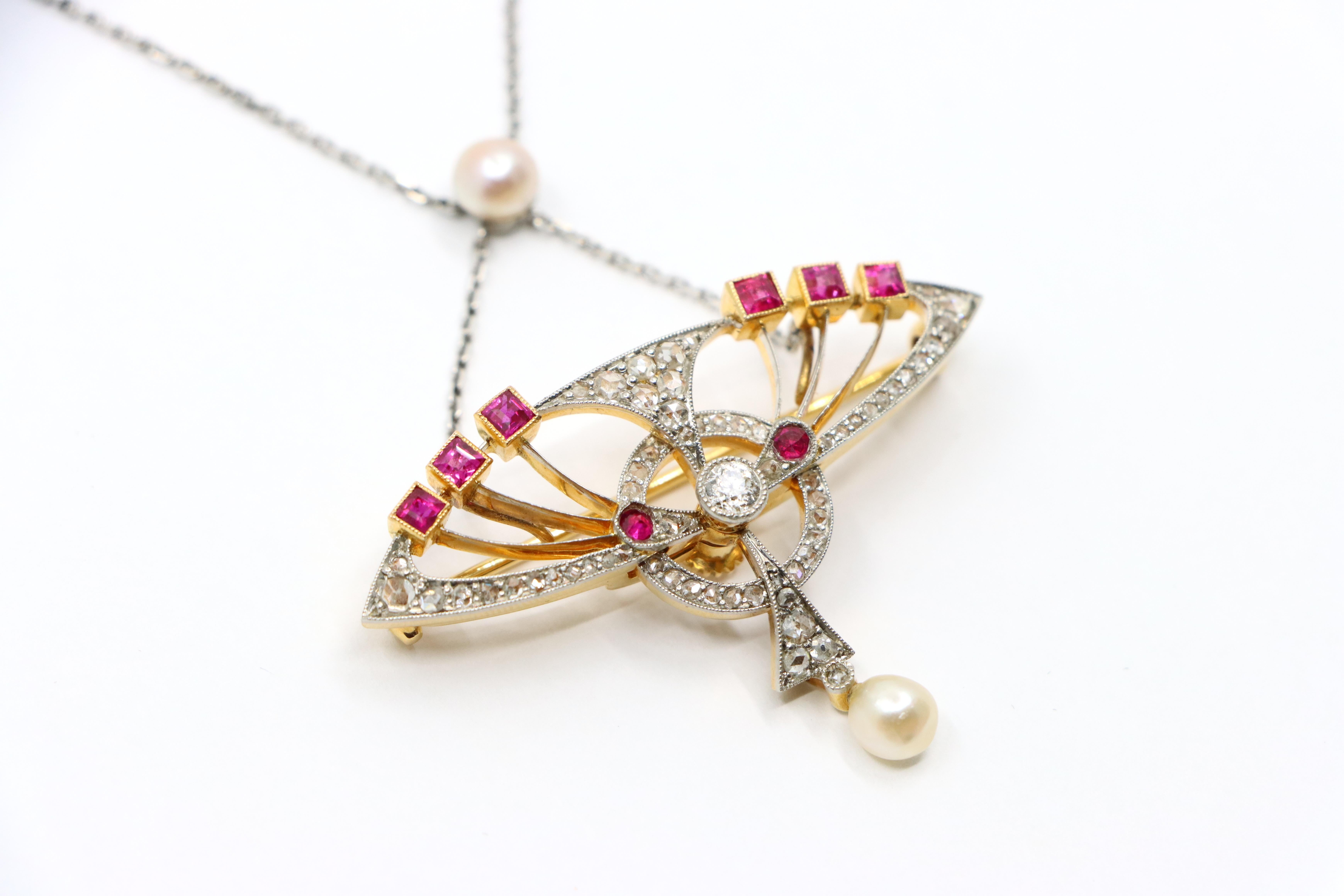 18 Karat Gold & Platin Diamanten Rubin Perlen Brosche Halskette im Angebot 2
