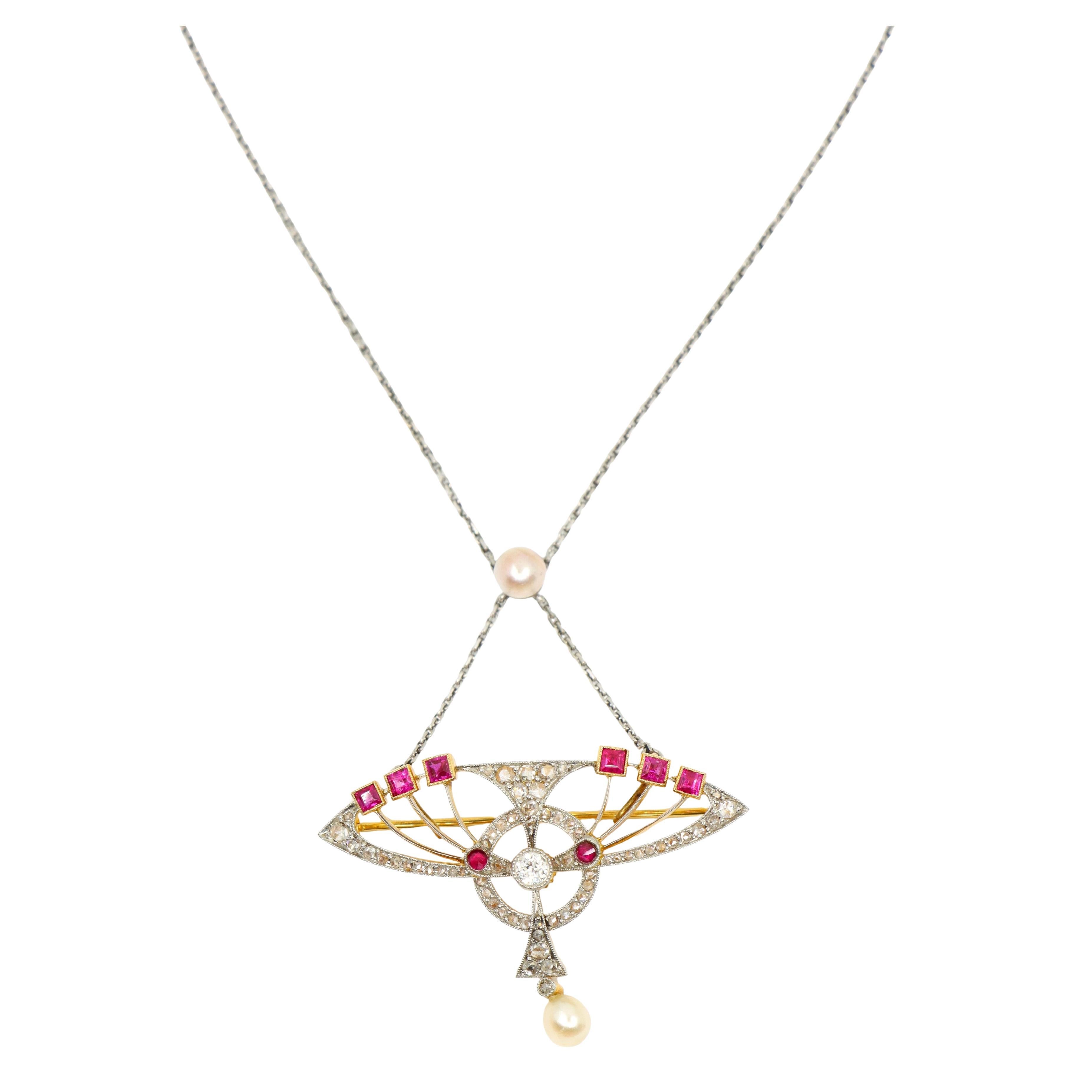 18K Gold & Platinum Diamonds Ruby Pearl Brooch Necklace