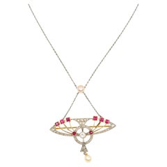18K Gold & Platinum Diamonds Ruby Pearl Brooch Necklace