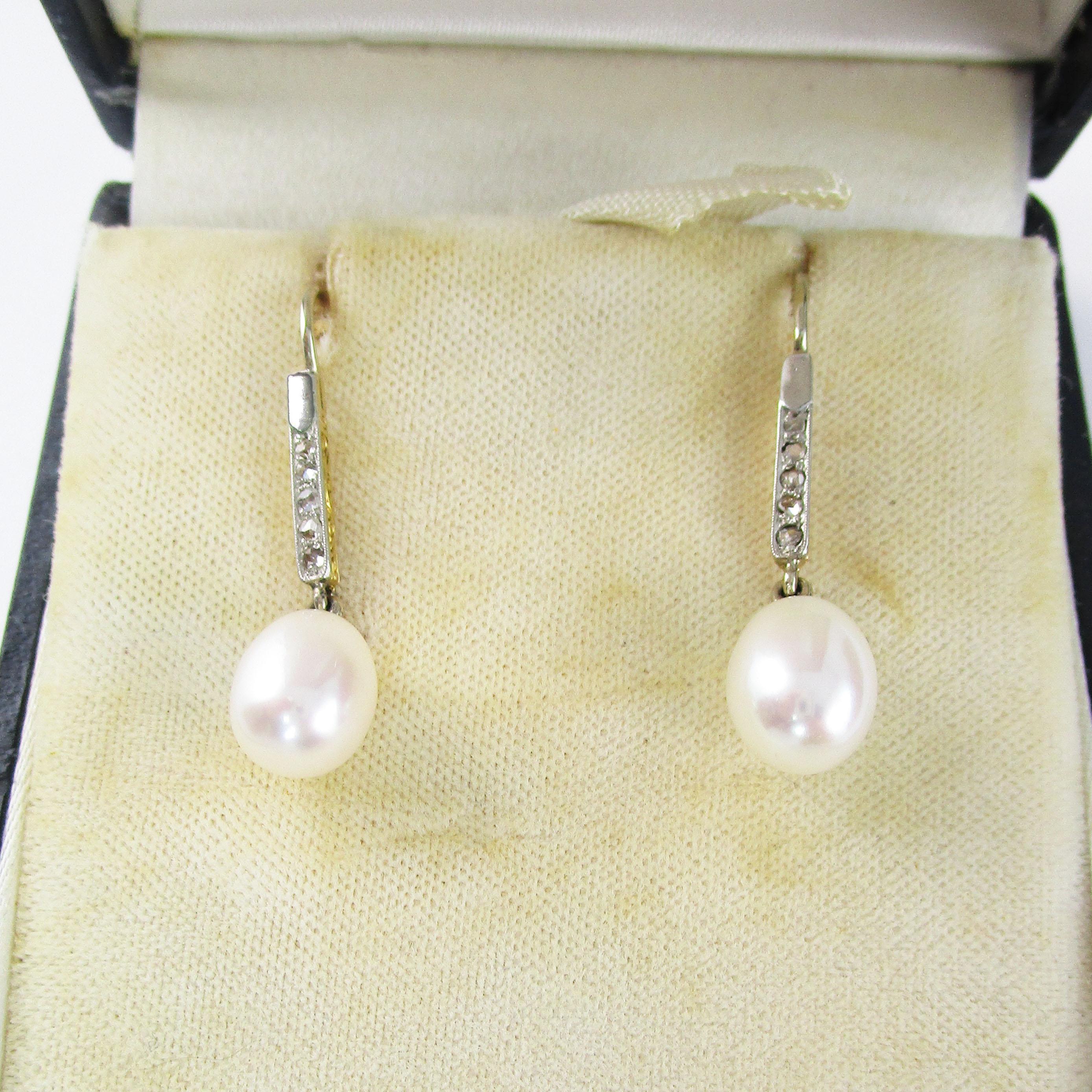 Women's 18K Gold & Platinum Edwardian Rose Cut Diamond and Pearl Earrings