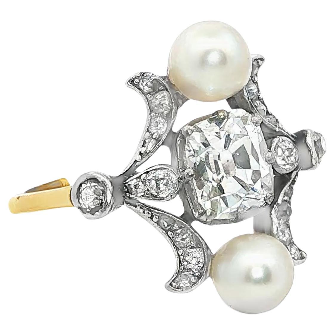 18K Gold Platinum French Belle Epoque Diamond Naturel Pearl Ring