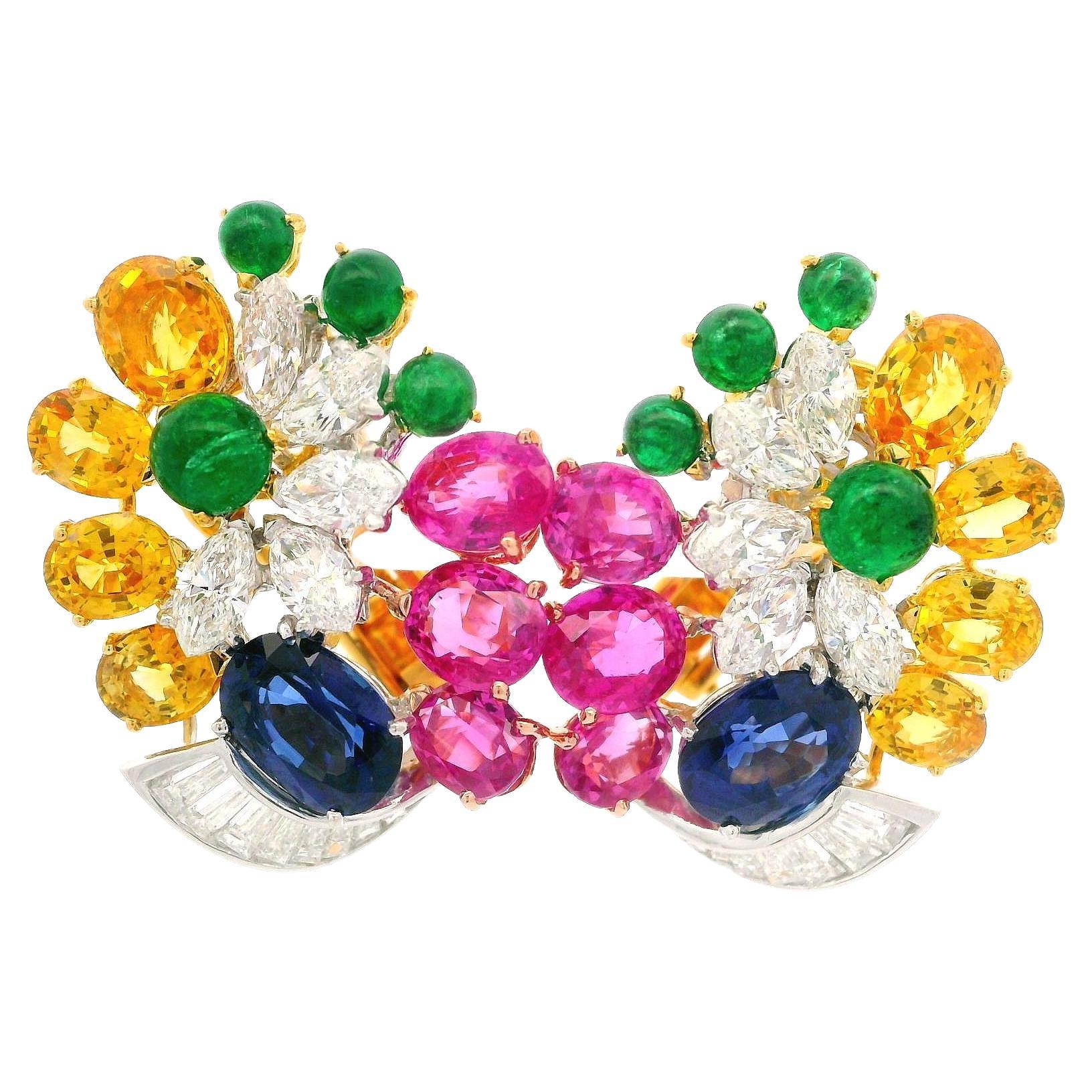 18k Gold & Platinum GIA 15.13ctw Sapphire Emerald Diamond Colorful Earrings