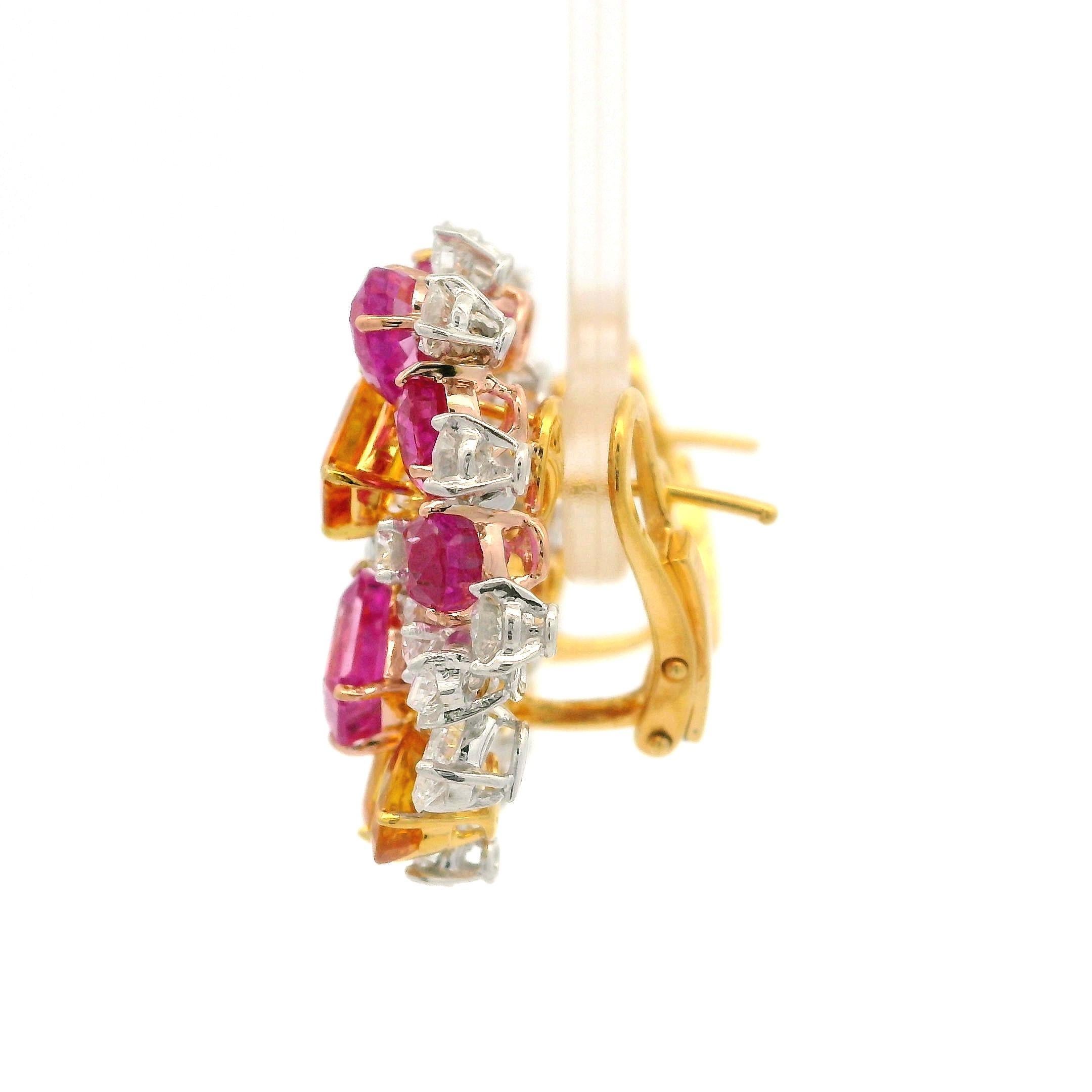 18k Gold Platinum GIA 15.96ct Orange Yellow & Pink Sapphire w/ Diamond Earrings In Excellent Condition For Sale In Montclair, NJ
