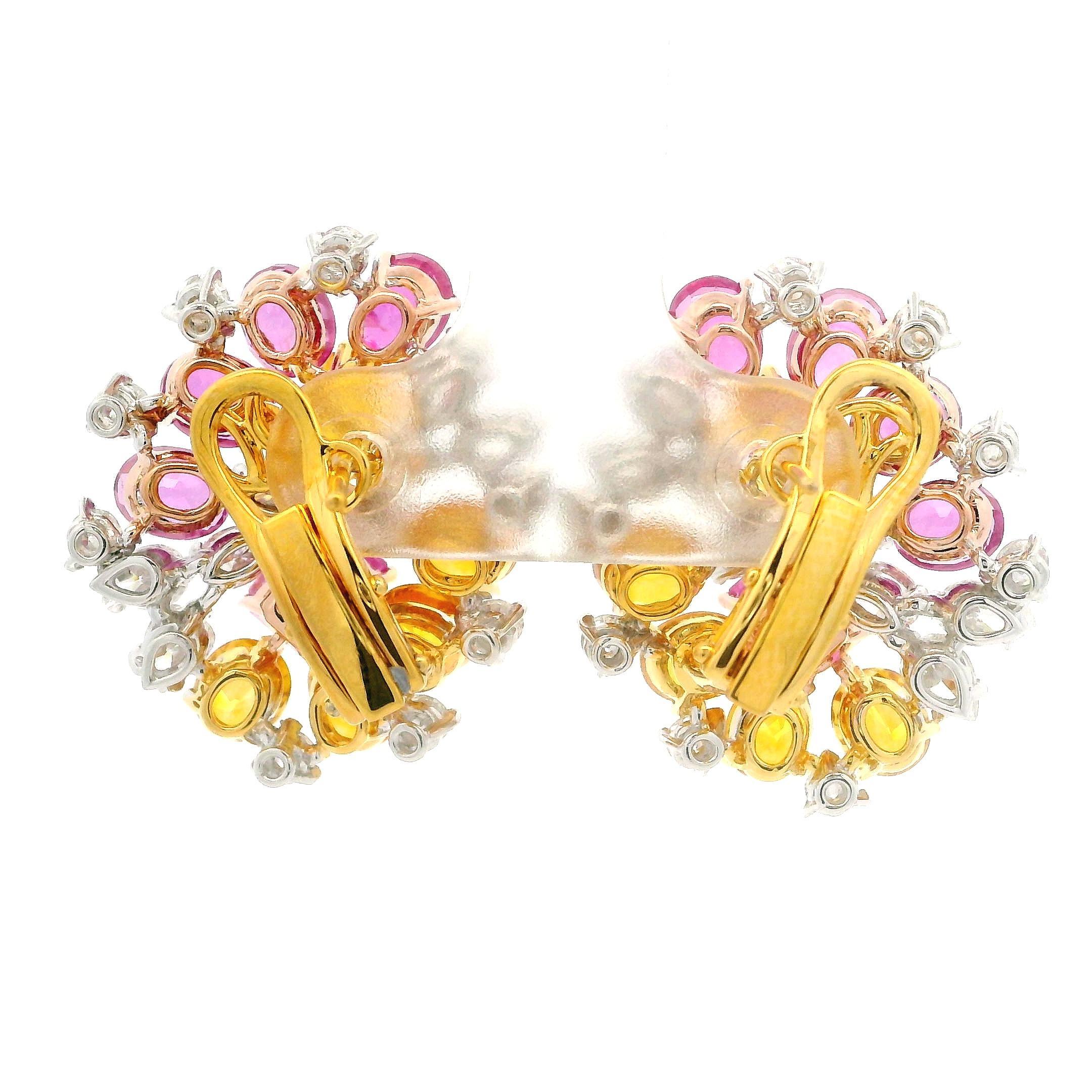 Women's 18k Gold Platinum GIA 15.96ct Orange Yellow & Pink Sapphire w/ Diamond Earrings For Sale