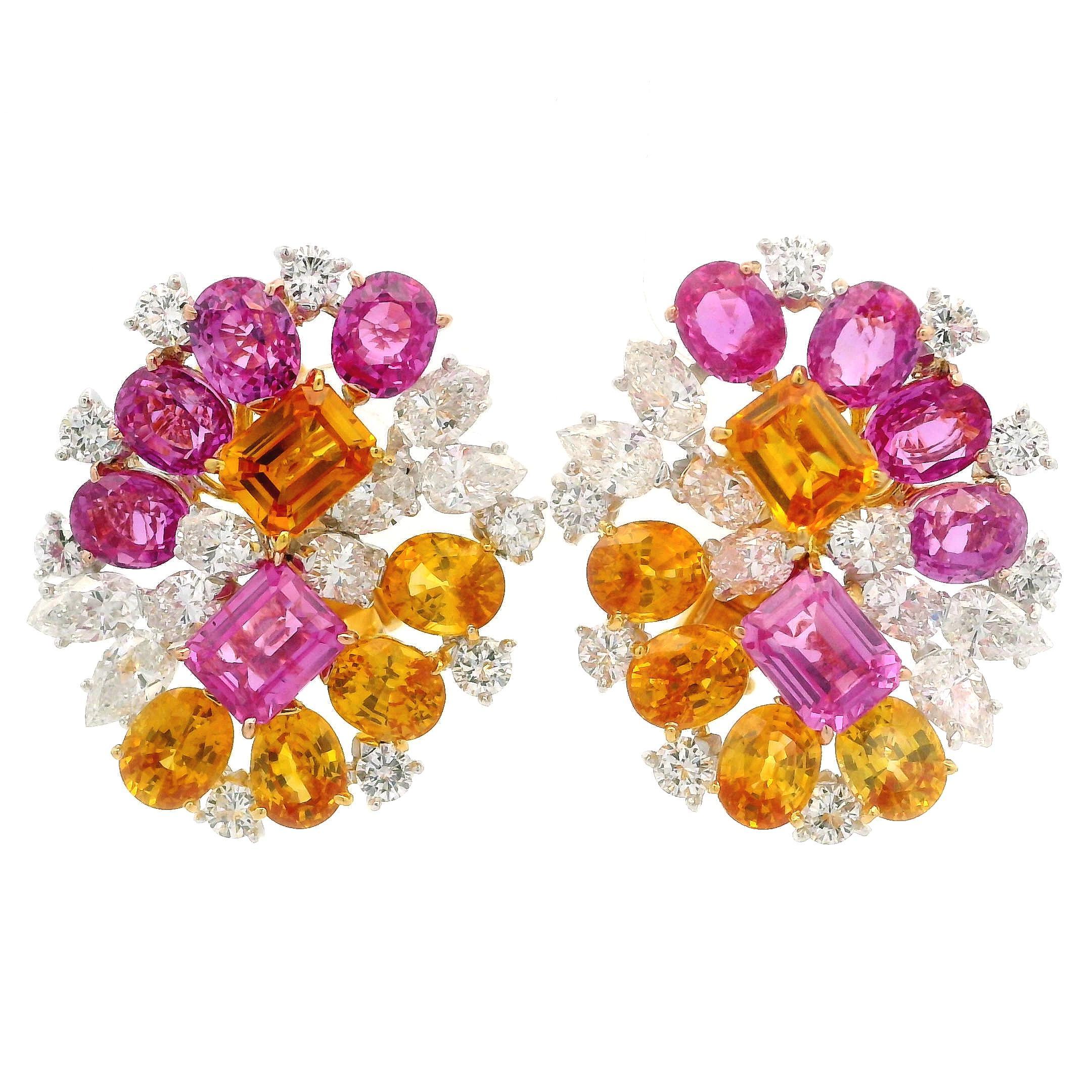 18k Gold Platinum GIA 15.96ct Orange Yellow & Pink Sapphire w/ Diamond Earrings For Sale 2