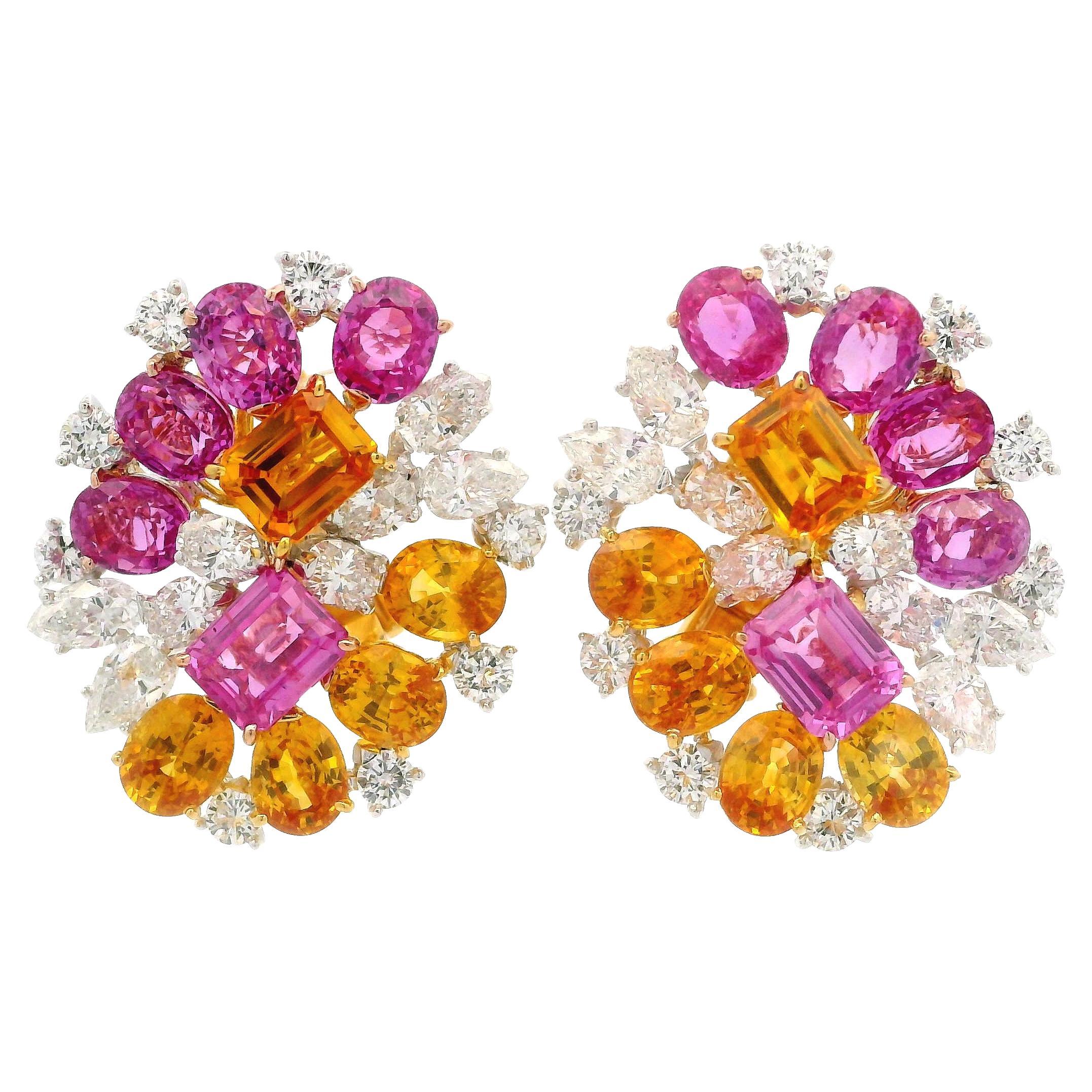 18k Gold Platin GIA 15,96ct Orange Gelb & Rosa Saphir mit Diamant-Ohrringe