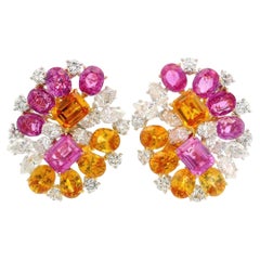 Pendientes de oro de 18 quilates y platino GIA 15,96 ct Zafiro amarillo anaranjado y rosa con diamante