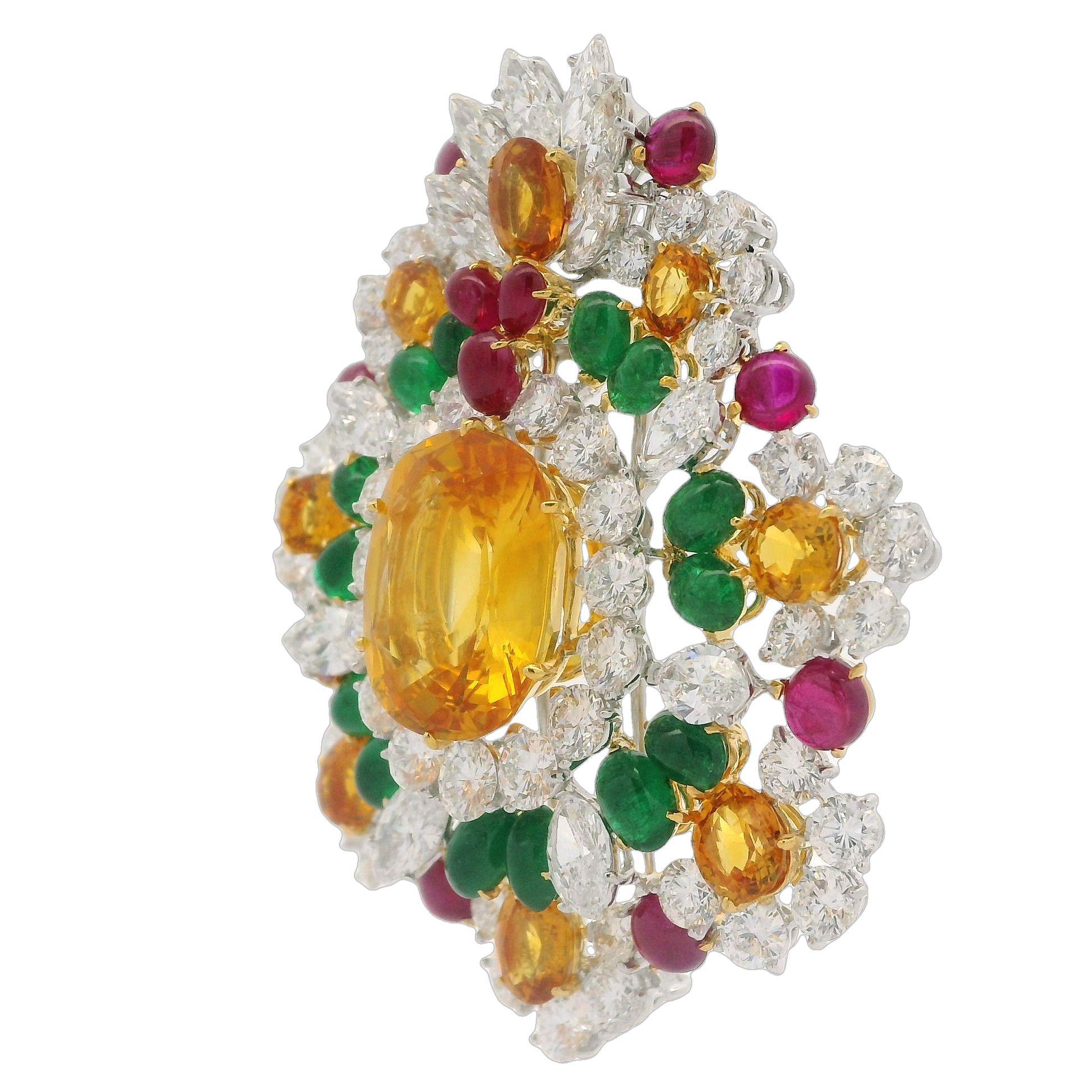 Oval Cut 18k Gold & Platinum GIA 47.37ctw Sapphire Diamond Emerald Ruby Pin Brooch For Sale