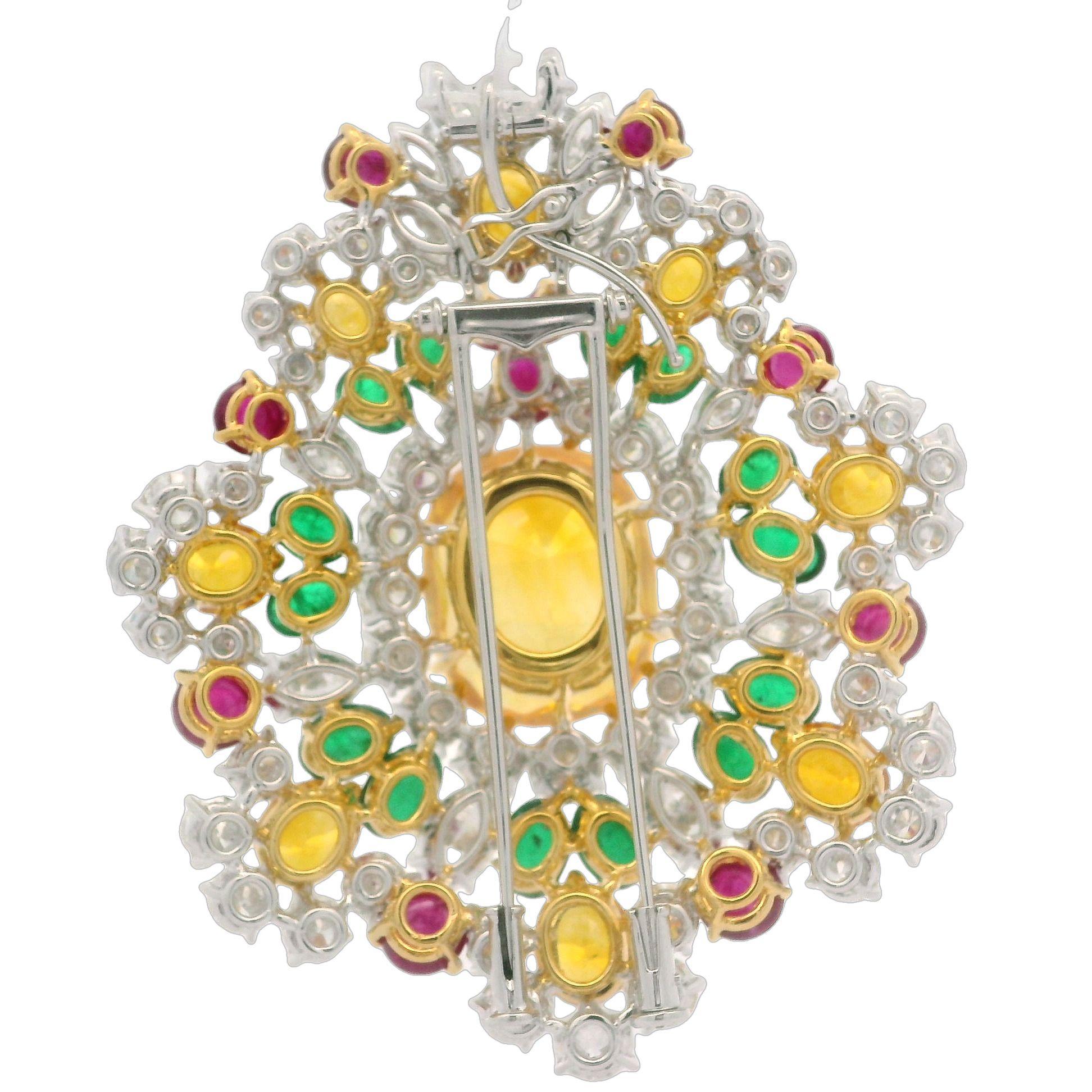 18k Gold & Platinum GIA 47.37ctw Sapphire Diamond Emerald Ruby Pin Brooch In Excellent Condition For Sale In Montclair, NJ
