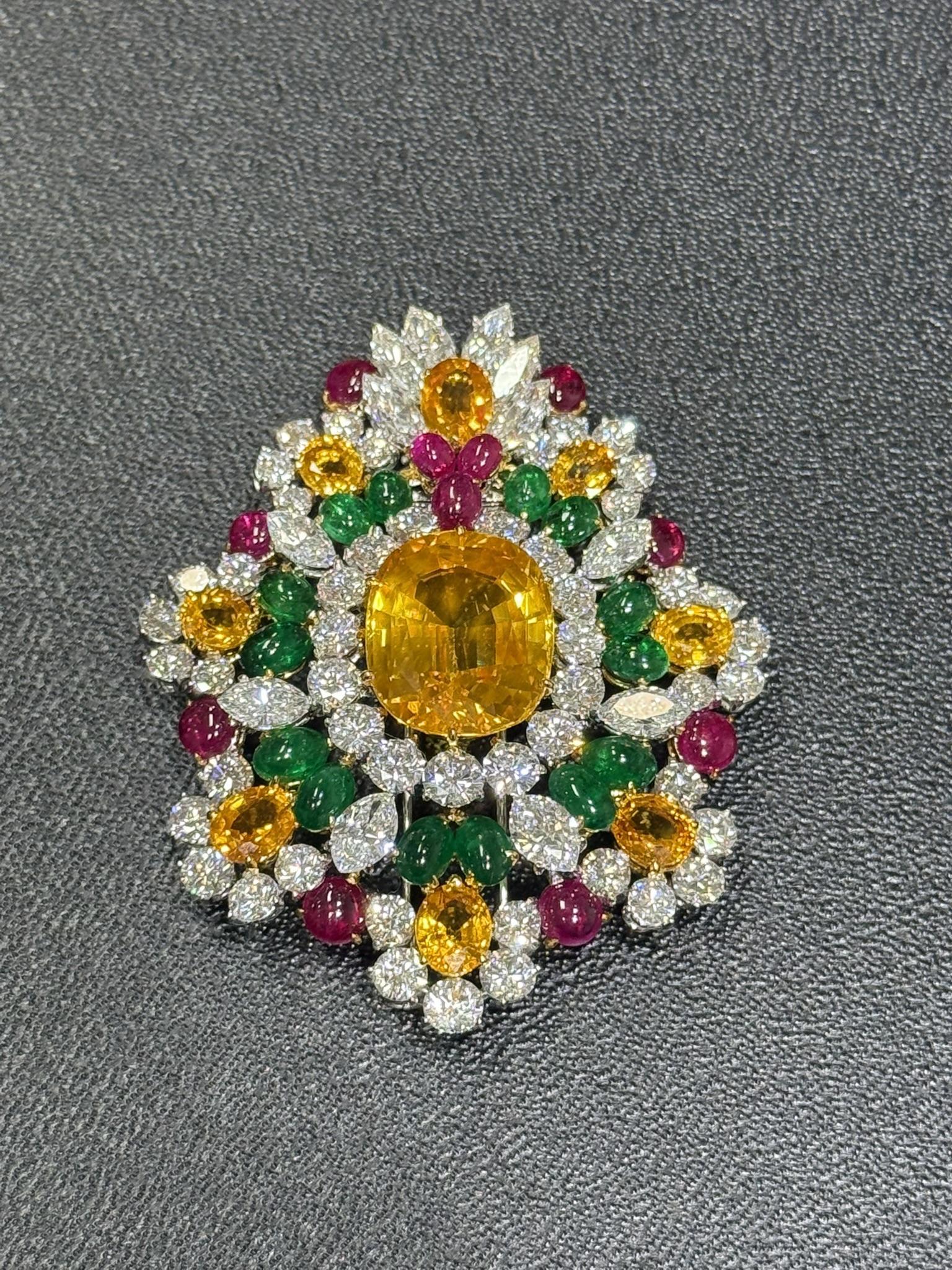 18k Gold & Platinum GIA 47.37ctw Sapphire Diamond Emerald Ruby Pin Brooch For Sale 1