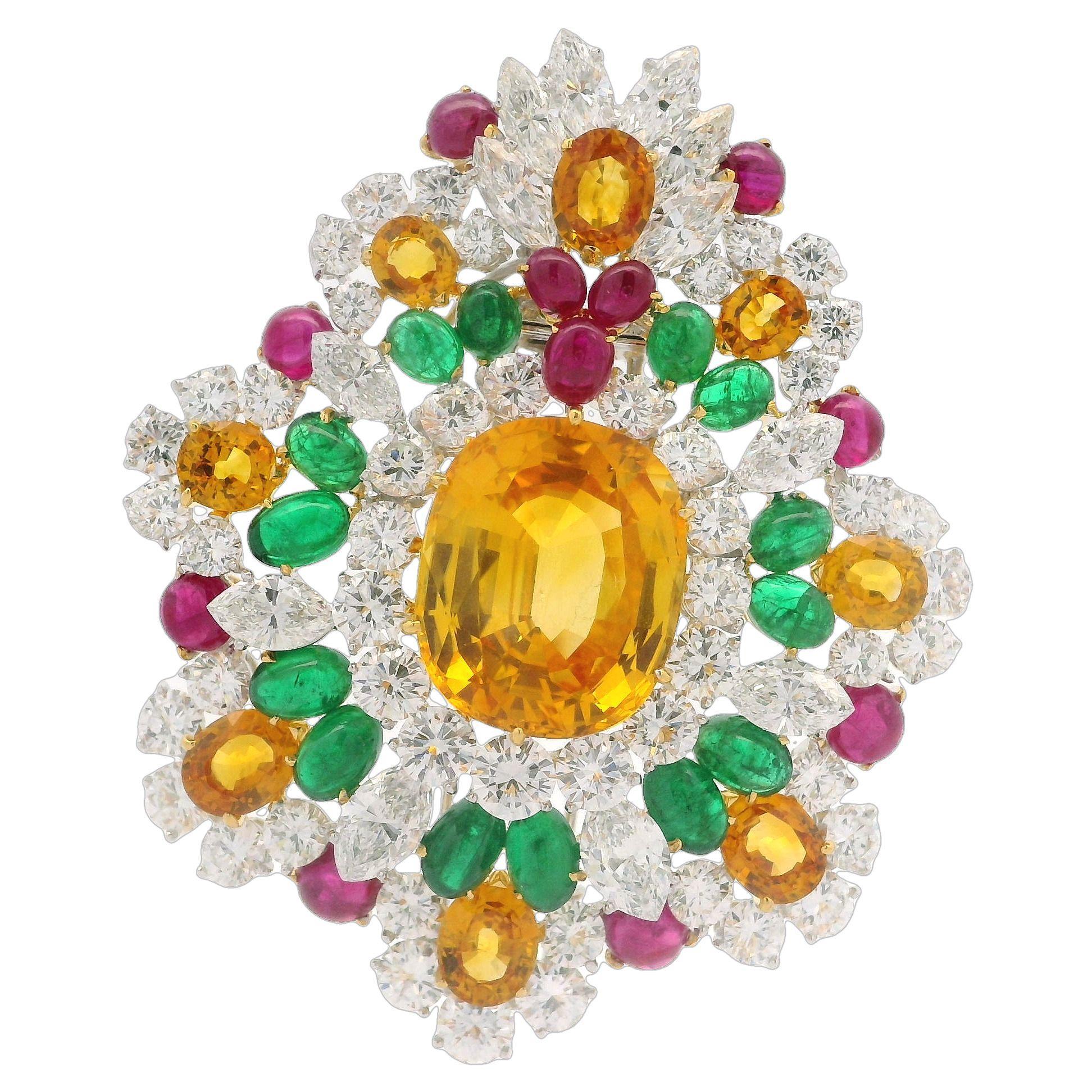 18k Gold & Platinum GIA 47.37ctw Sapphire Diamond Emerald Ruby Pin Brooch For Sale 2
