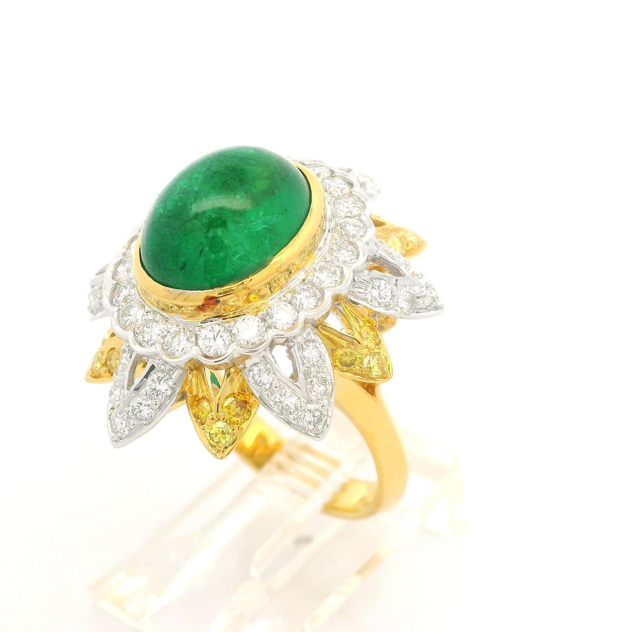 Cabochon 18k Gold & Platinum GIA 5.55ctw Emerald Fancy Yellow White Diamond Flower Ring For Sale