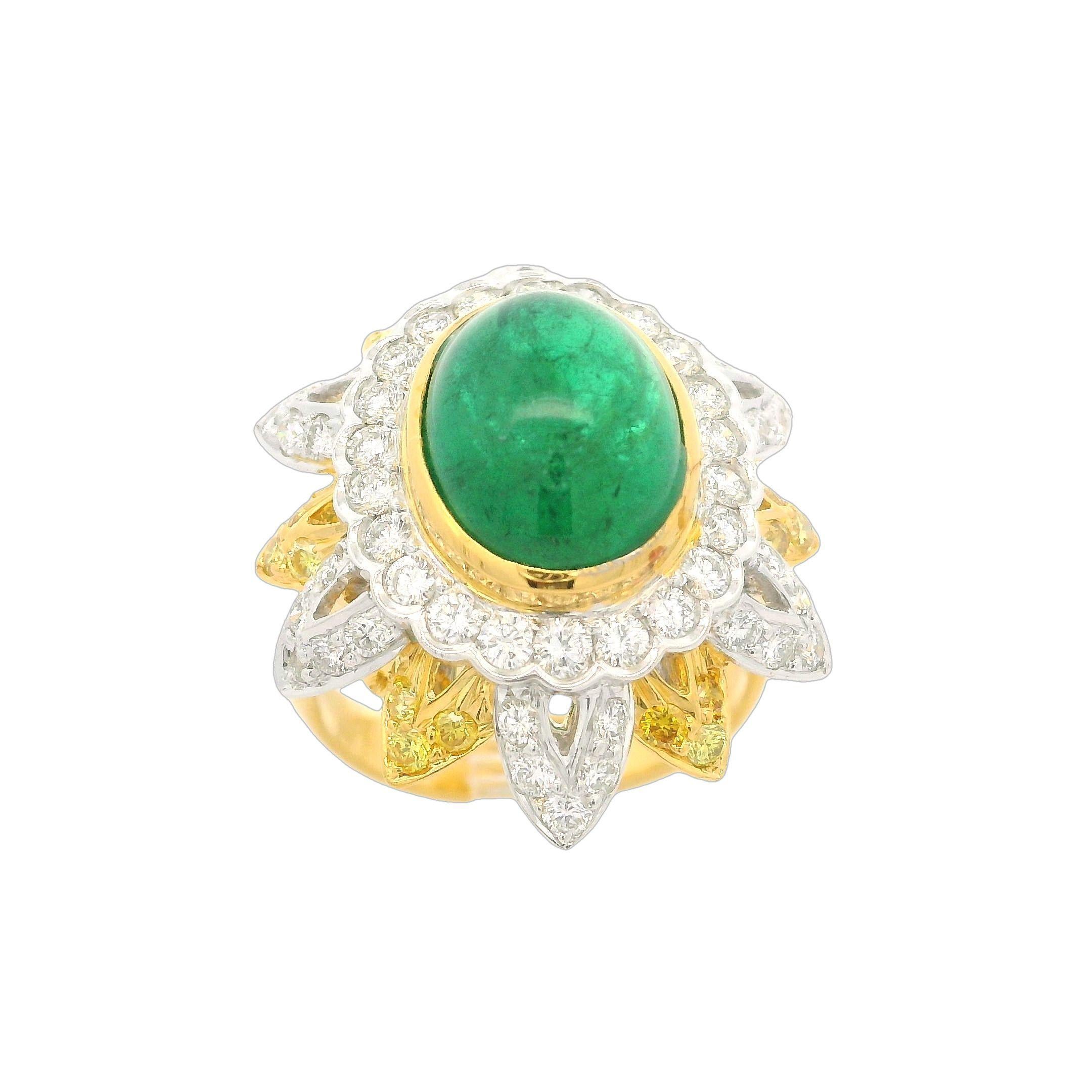 18k Gold & Platinum GIA 5.55ctw Emerald Fancy Yellow White Diamond Flower Ring In Excellent Condition For Sale In Montclair, NJ