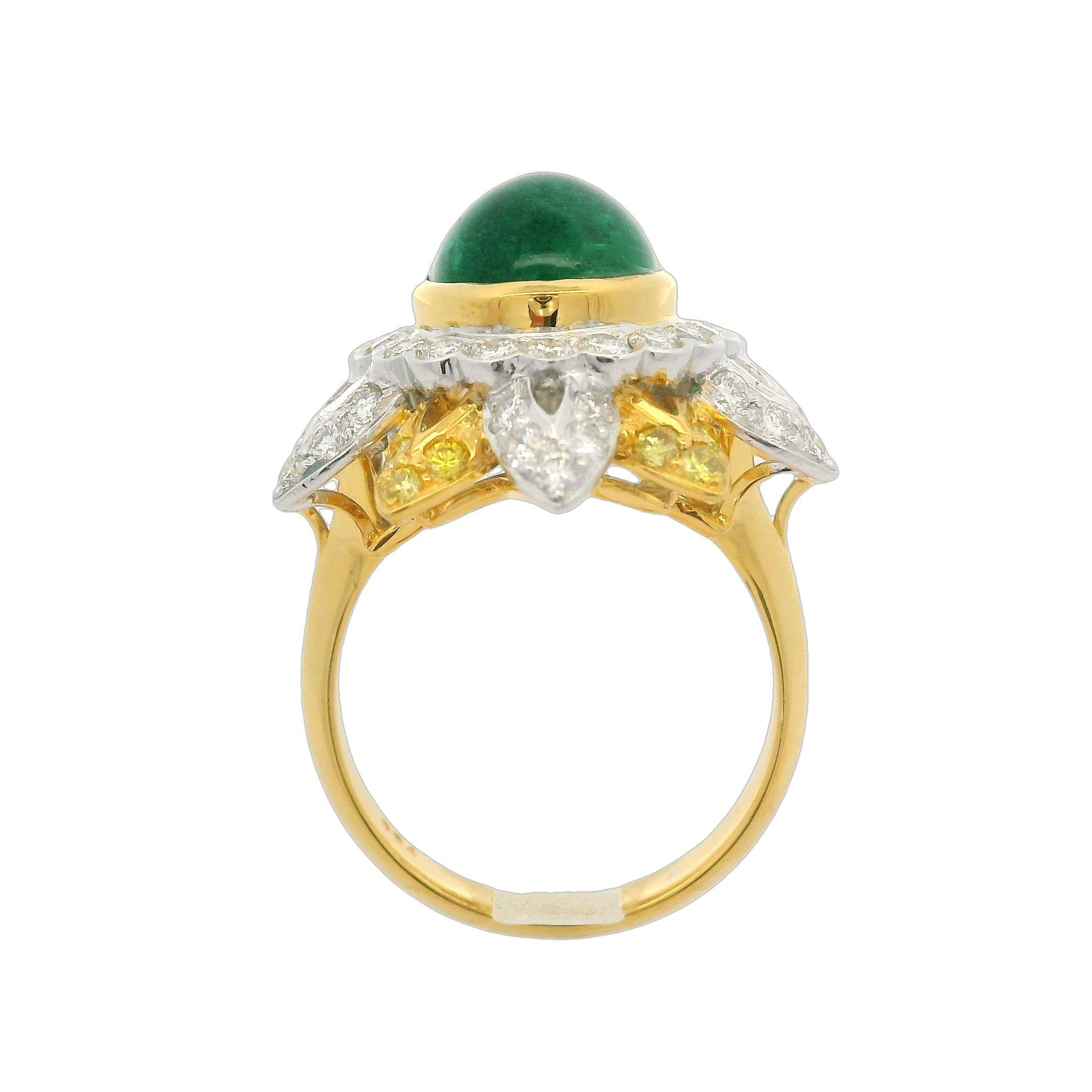 Women's 18k Gold & Platinum GIA 5.55ctw Emerald Fancy Yellow White Diamond Flower Ring For Sale