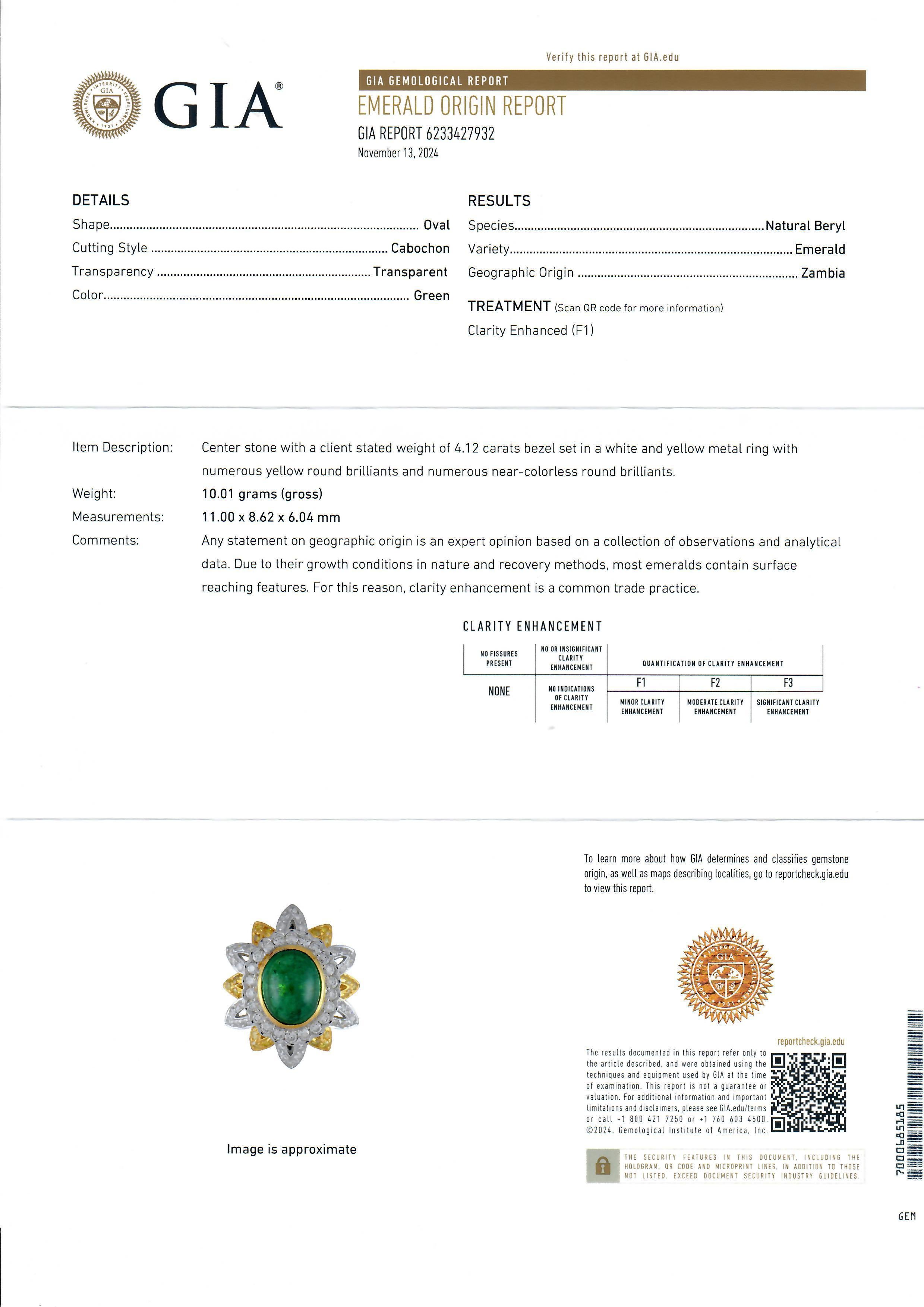 18k Gold & Platinum GIA 5.55ctw Emerald Fancy Yellow White Diamond Flower Ring For Sale 2