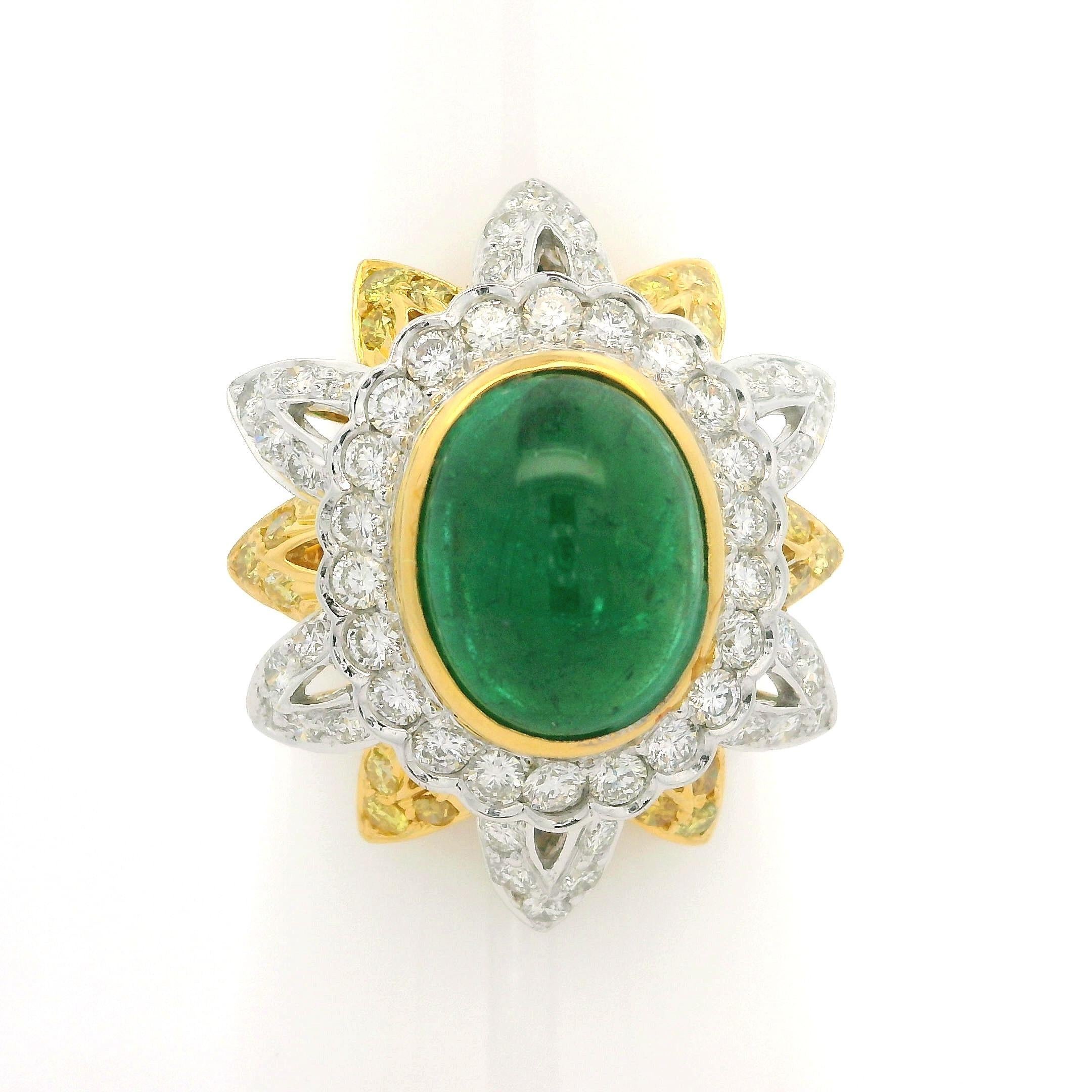 18k Gold & Platinum GIA 5.55ctw Emerald Fancy Yellow White Diamond Flower Ring For Sale 3