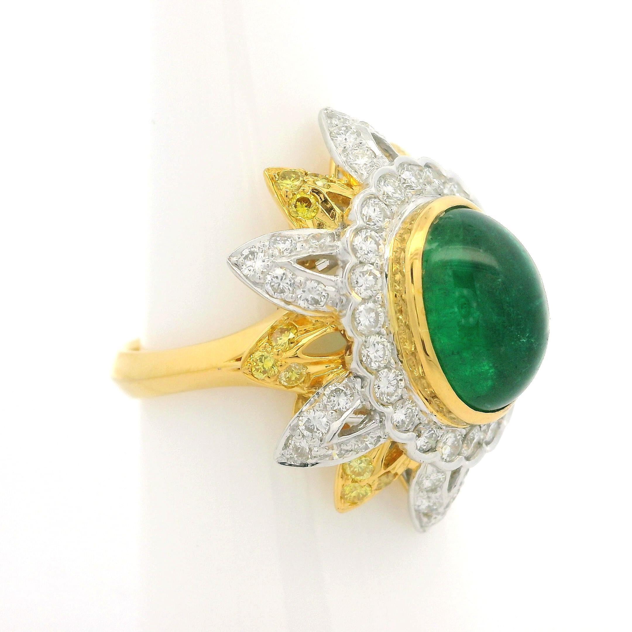 18k Gold & Platinum GIA 5.55ctw Emerald Fancy Yellow White Diamond Flower Ring For Sale 4