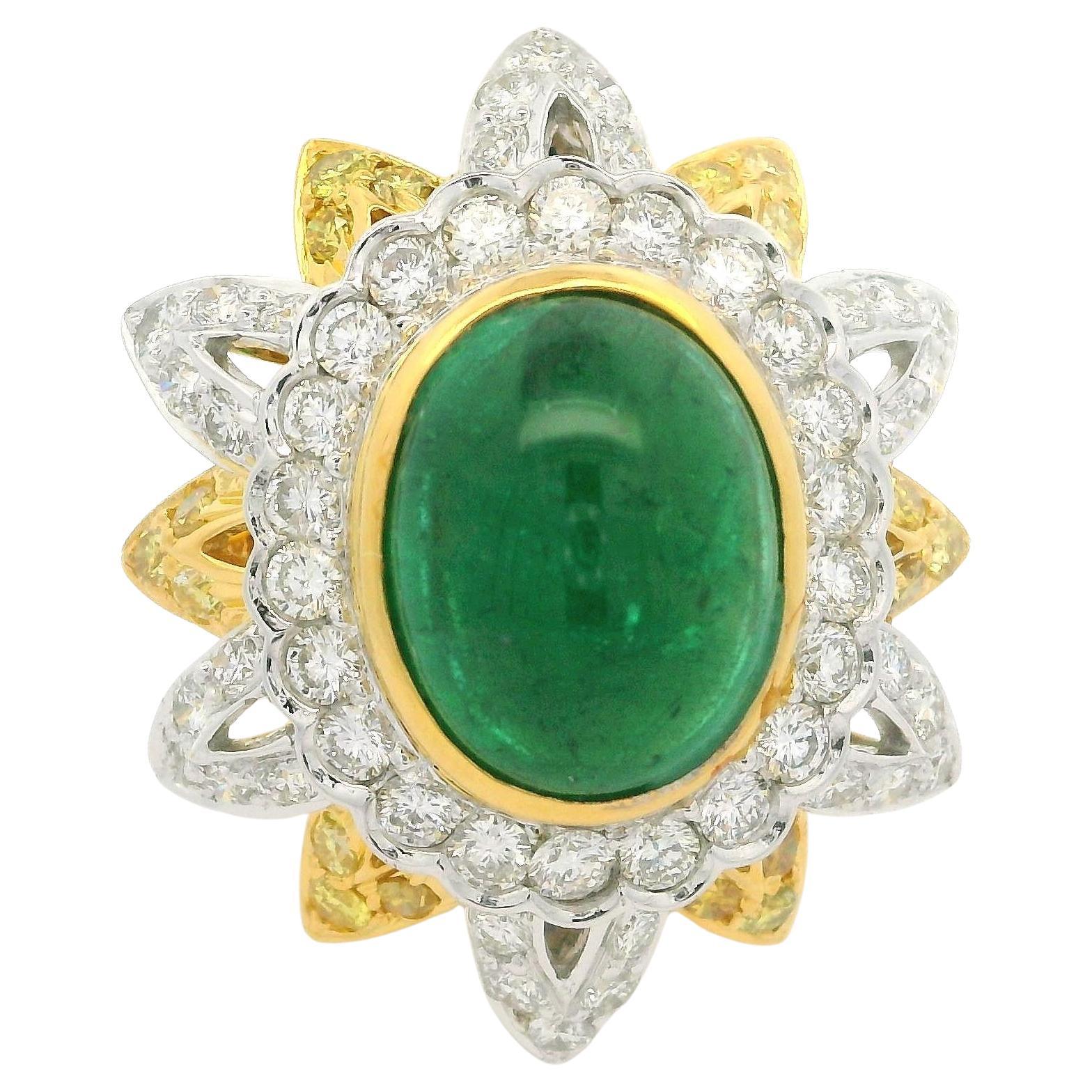 18k Gold & Platinum GIA 5.55ctw Emerald Fancy Yellow White Diamond Flower Ring