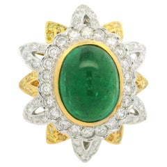 18k Gold & Platinum GIA 5.55ctw Emerald Fancy Yellow White Diamond Flower Ring