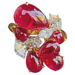 18k Gold Platinum GIA 6.44ctw Cabochon Burma Red Ruby & Diamond Spray Ring