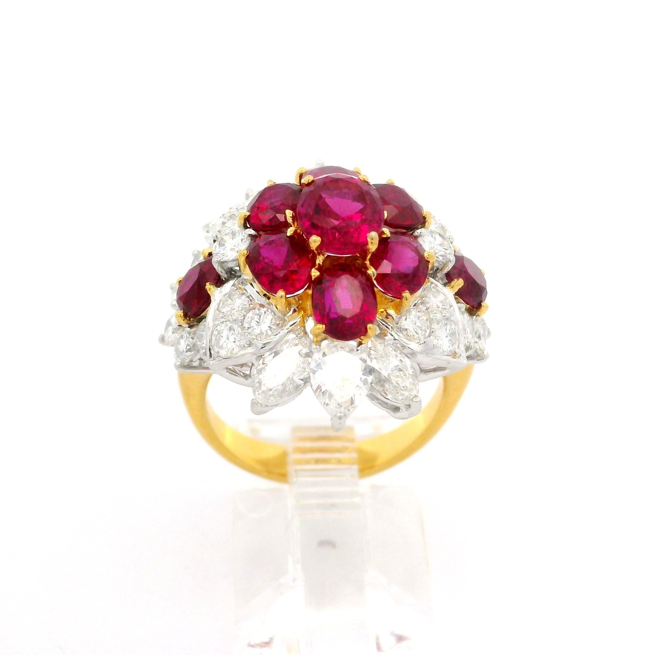 Anillo en racimo de oro de 18 quilates, platino y GIA de 7,18 quilates de rubí rojo vivo de Birmania y diamantes en venta 5