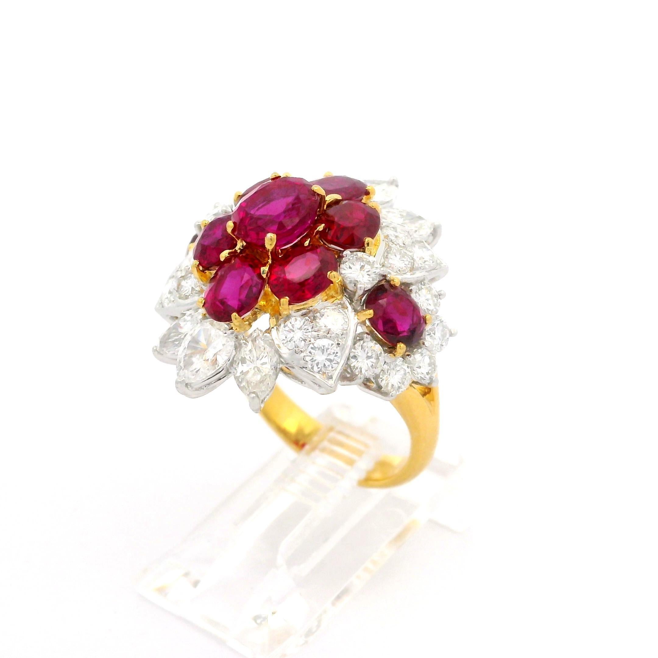 Anillo en racimo de oro de 18 quilates, platino y GIA de 7,18 quilates de rubí rojo vivo de Birmania y diamantes en venta 6