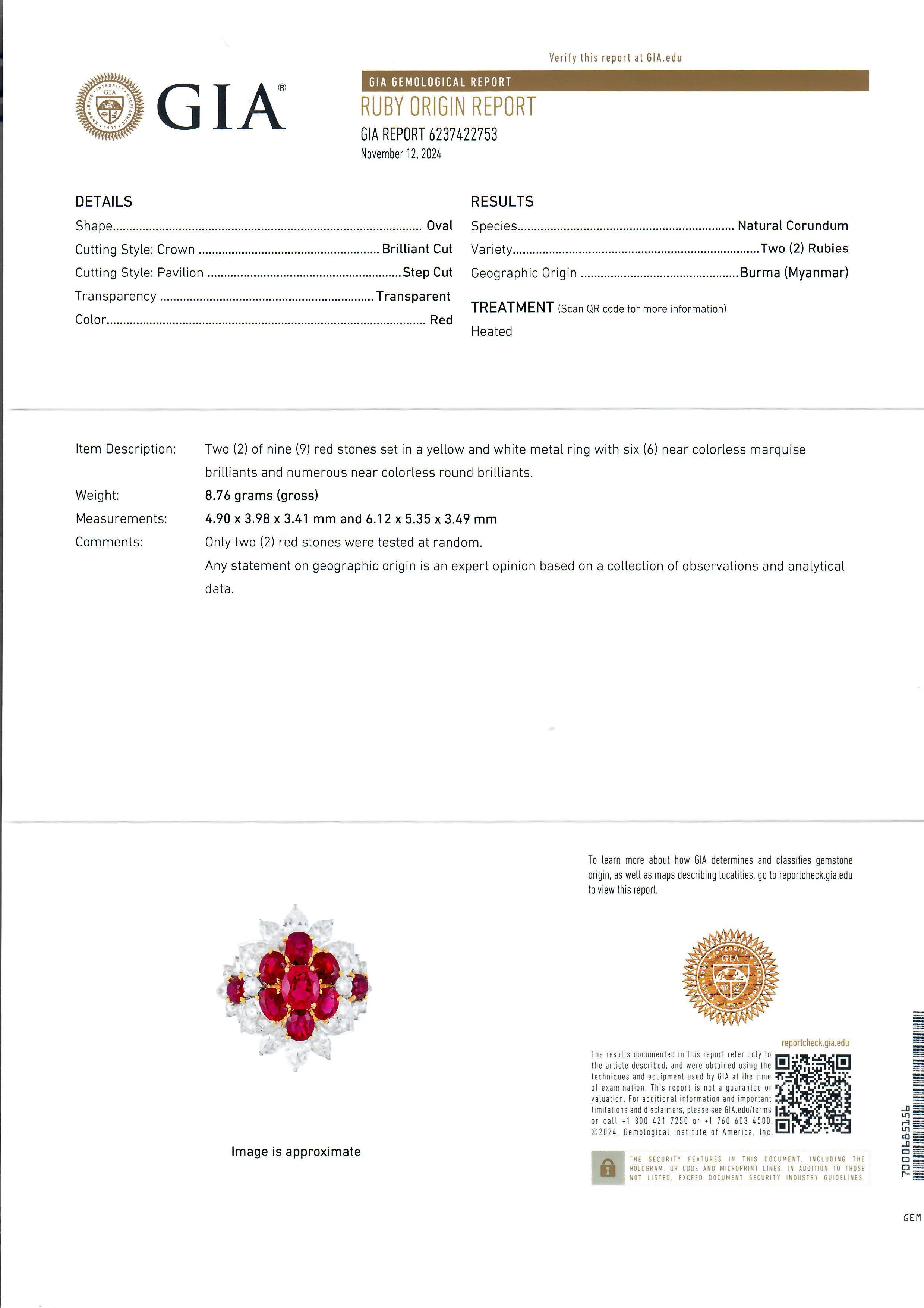 Anillo en racimo de oro de 18 quilates, platino y GIA de 7,18 quilates de rubí rojo vivo de Birmania y diamantes en Excelente estado para la venta en Montclair, NJ