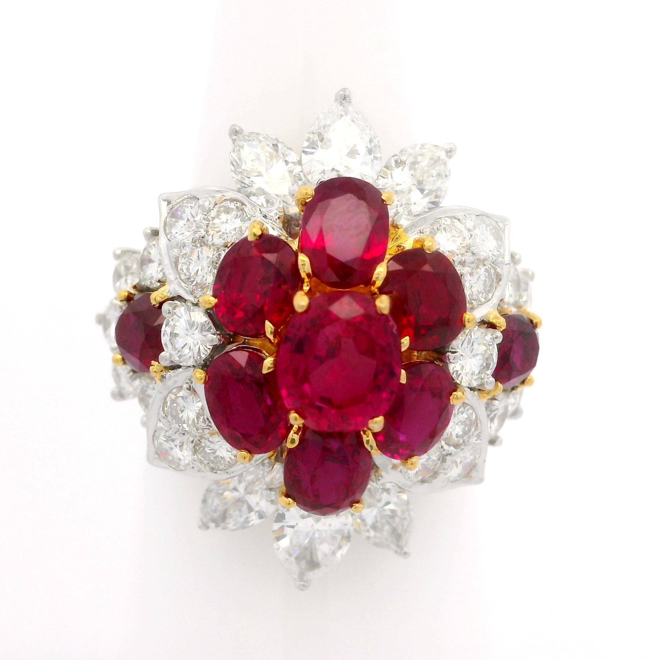 Anillo en racimo de oro de 18 quilates, platino y GIA de 7,18 quilates de rubí rojo vivo de Birmania y diamantes en venta 2