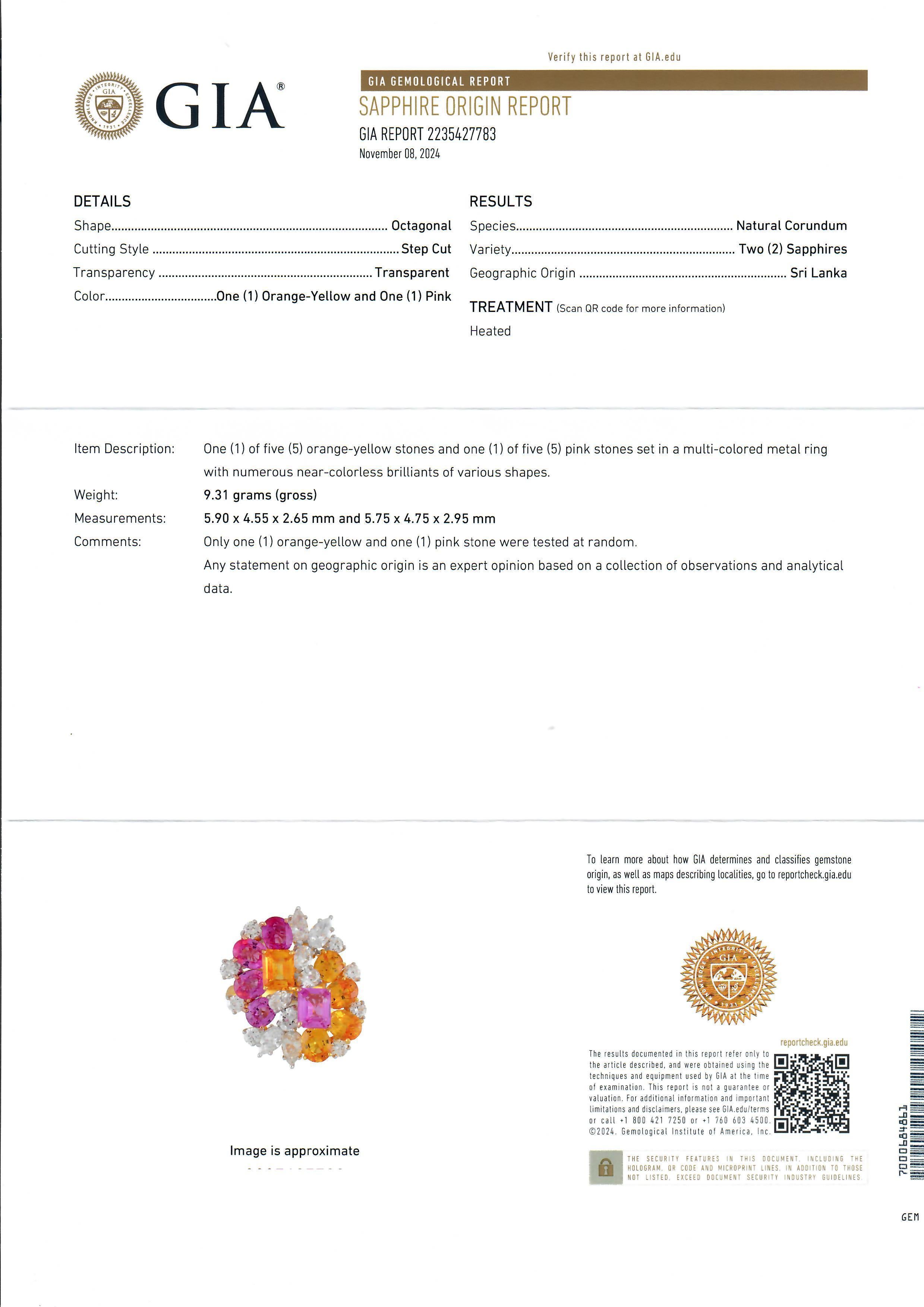 Bague en or 18 carats, platine, saphir rose et jaune 7,81 carats certifié GIA et diamants en vente 5
