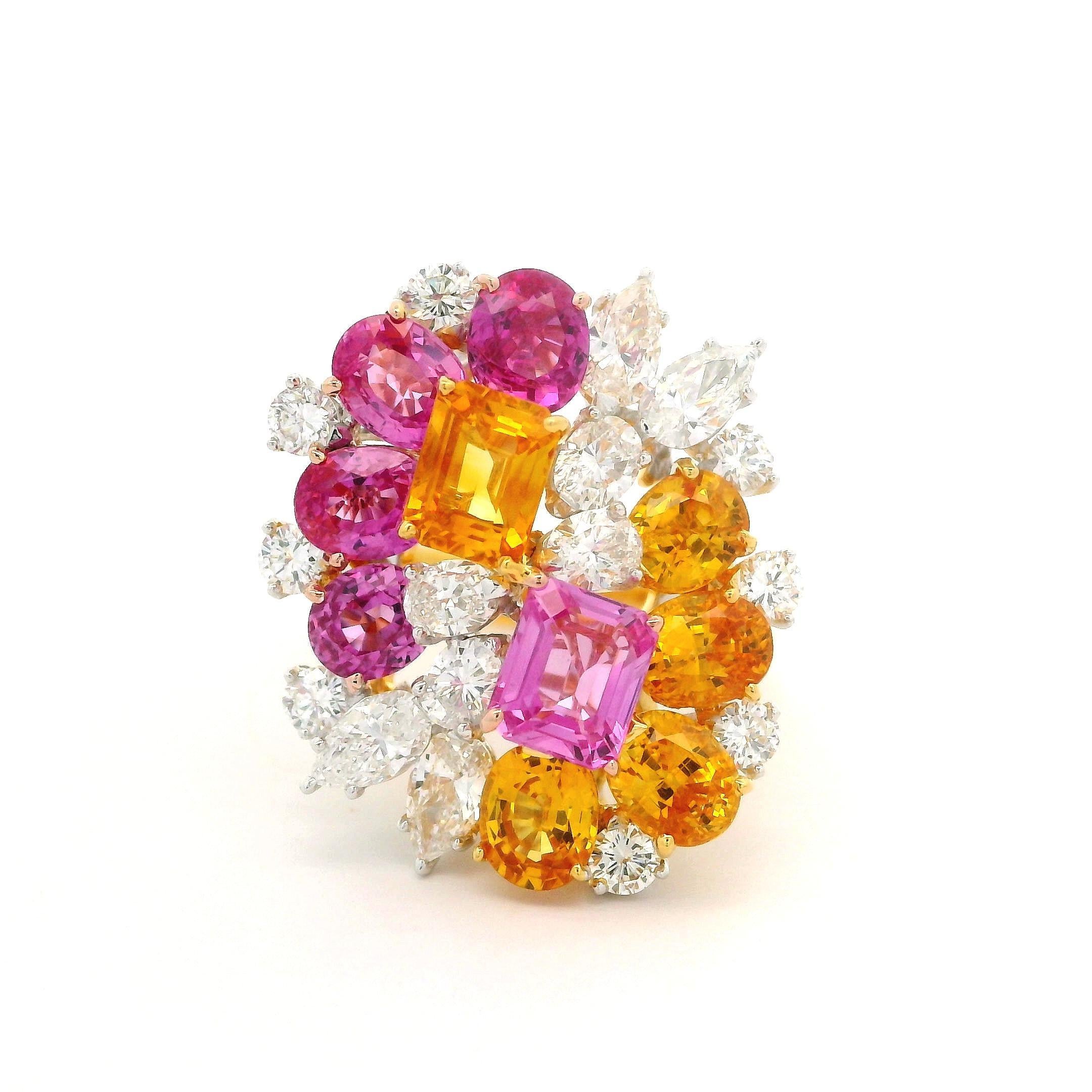 Bague en or 18 carats, platine, saphir rose et jaune 7,81 carats certifié GIA et diamants en vente 6