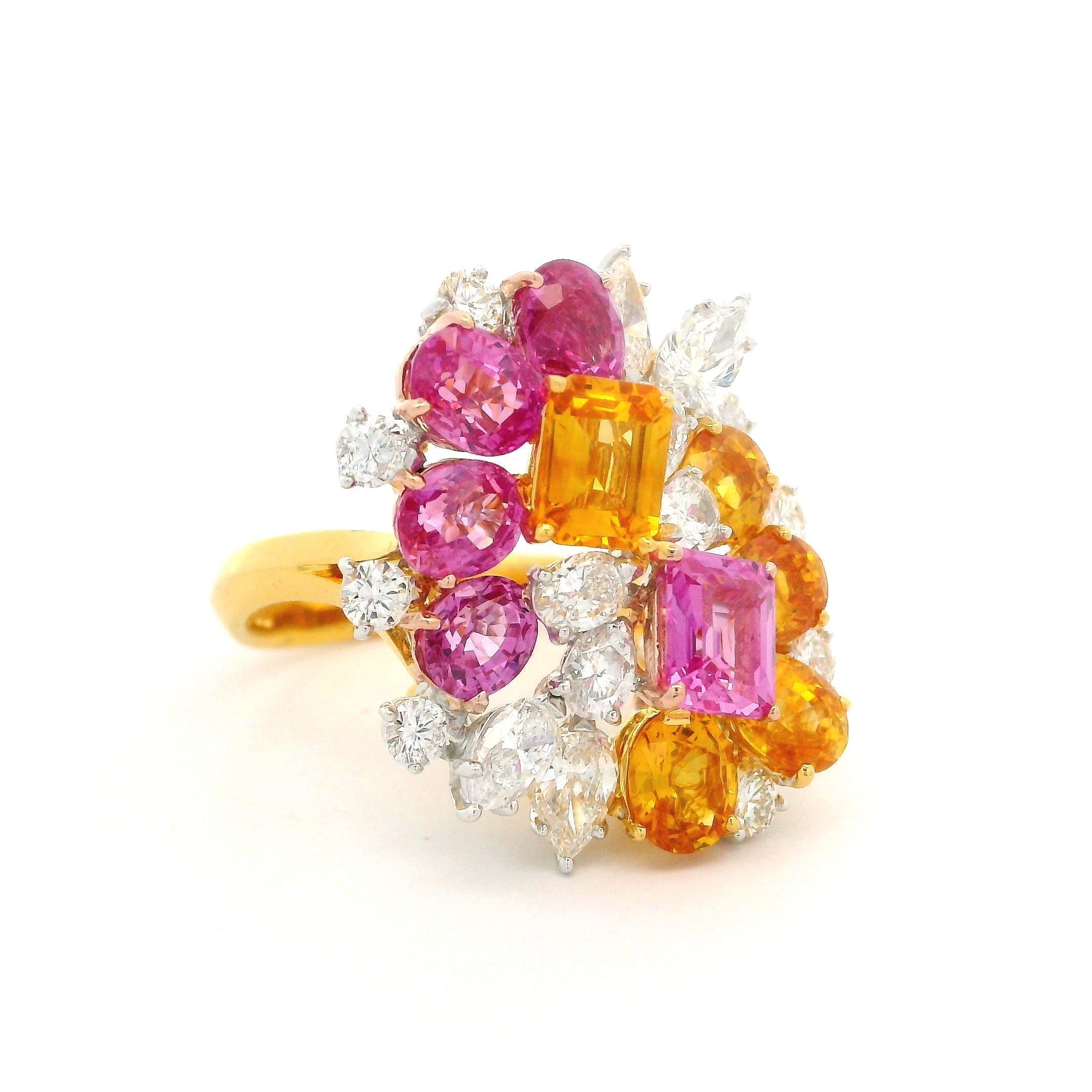 Bague en or 18 carats, platine, saphir rose et jaune 7,81 carats certifié GIA et diamants en vente 7