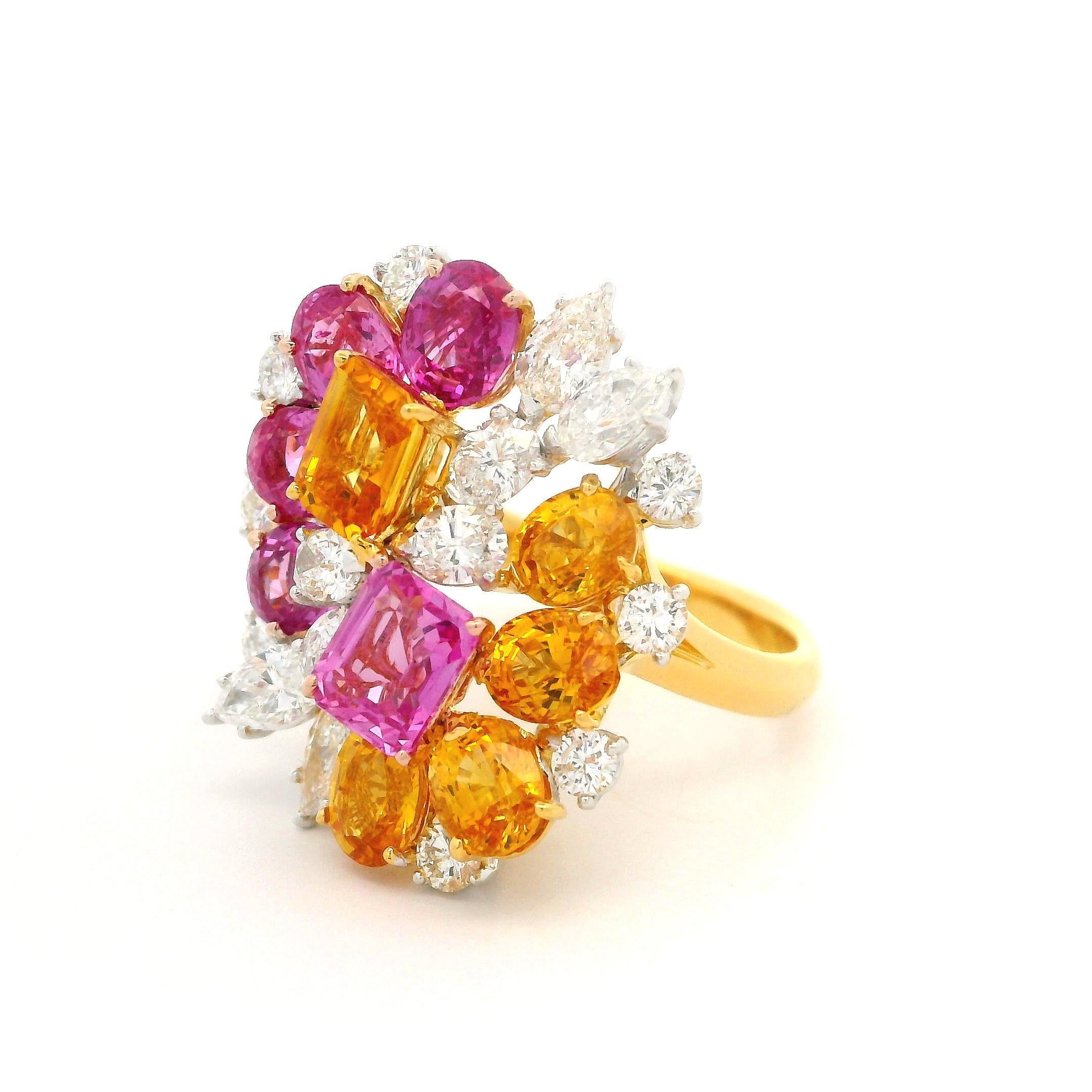 Bague en or 18 carats, platine, saphir rose et jaune 7,81 carats certifié GIA et diamants en vente 8