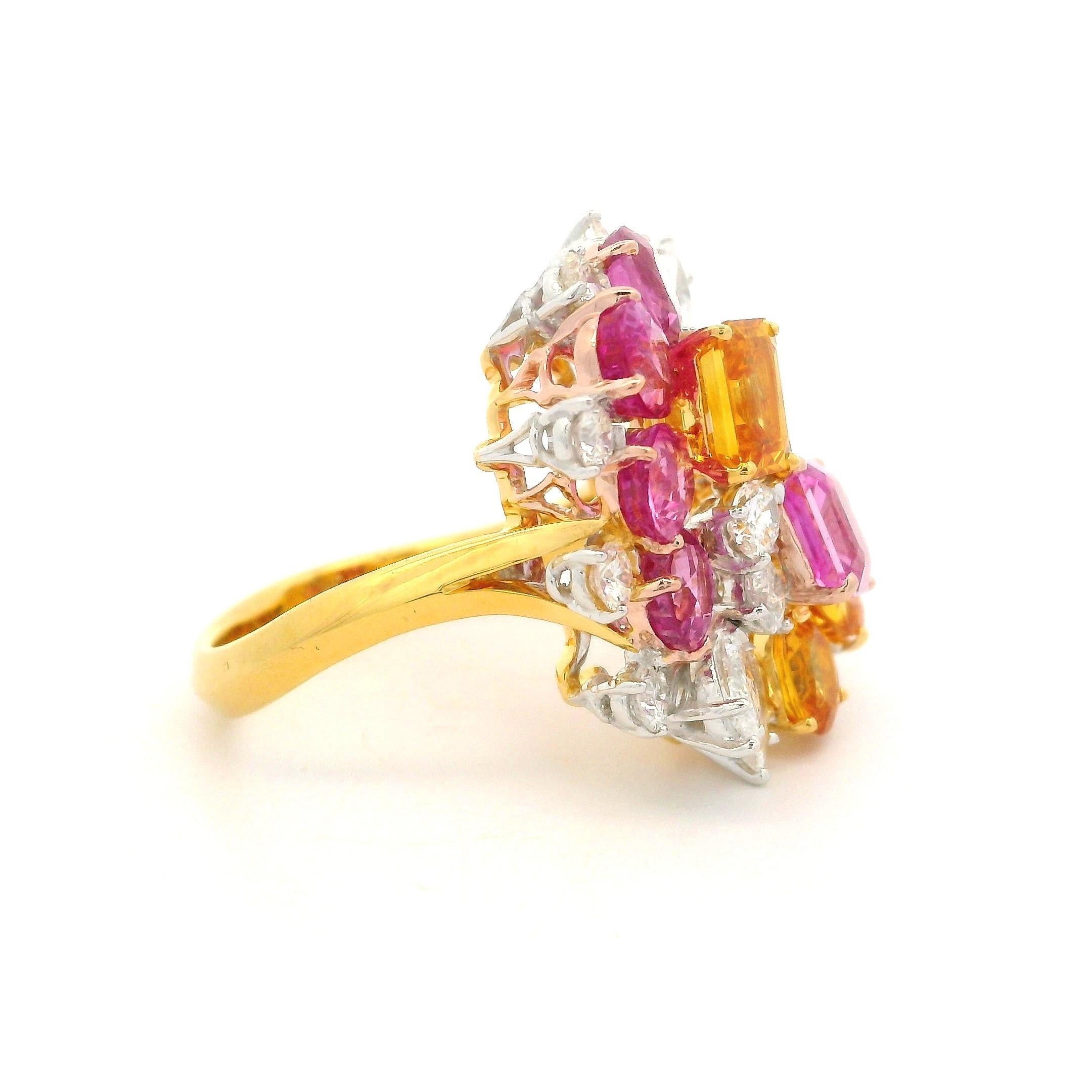 Taille octogone Bague en or 18 carats, platine, saphir rose et jaune 7,81 carats certifié GIA et diamants en vente