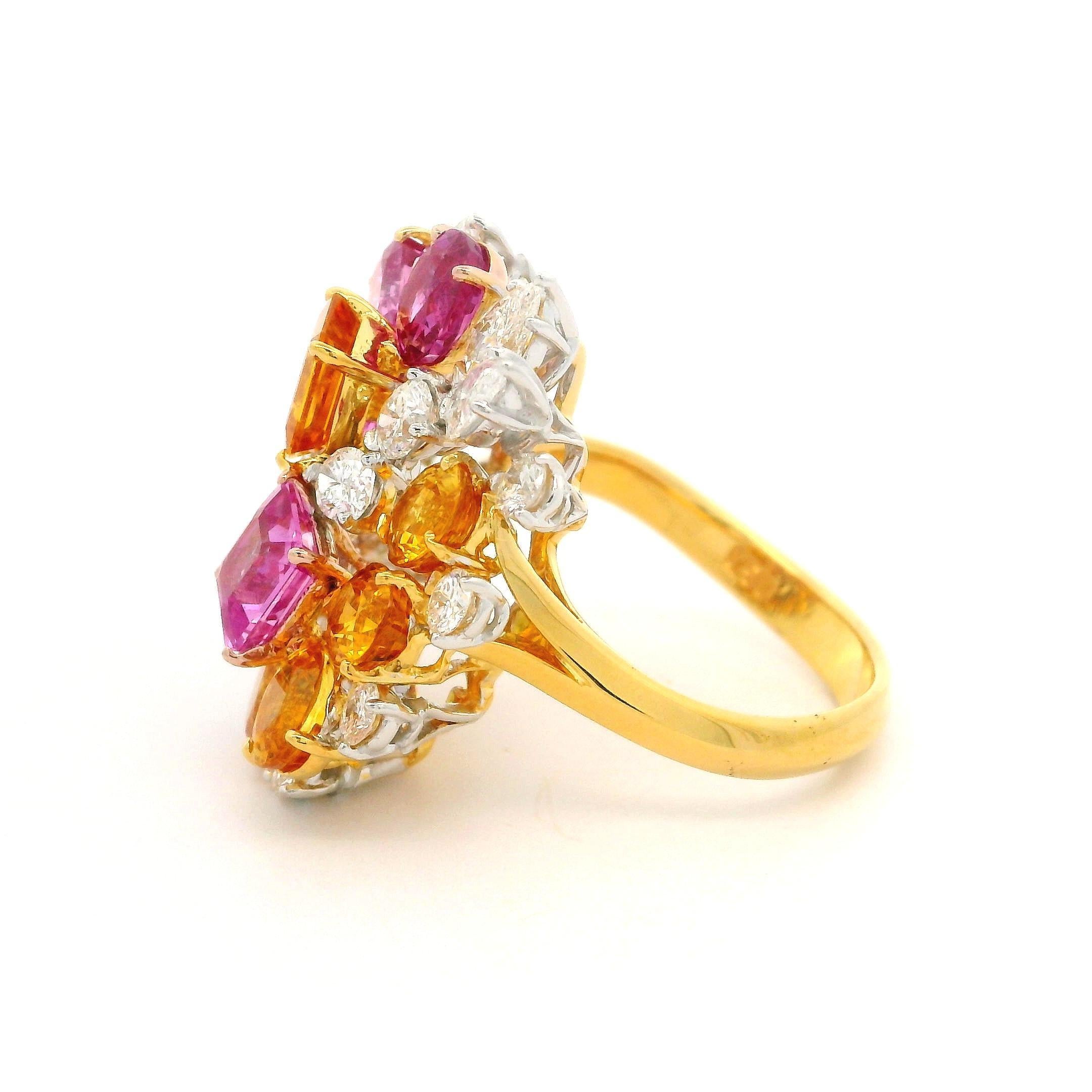 Bague en or 18 carats, platine, saphir rose et jaune 7,81 carats certifié GIA et diamants Excellent état - En vente à Montclair, NJ