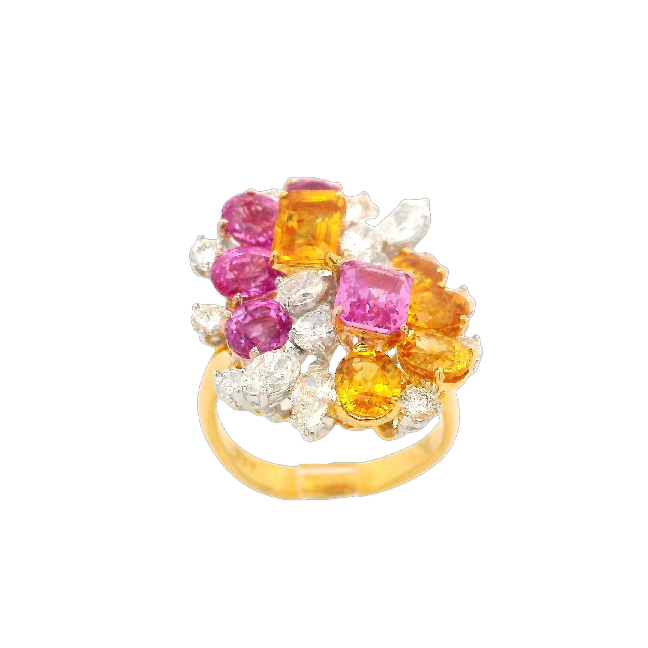 Bague en or 18 carats, platine, saphir rose et jaune 7,81 carats certifié GIA et diamants en vente 1