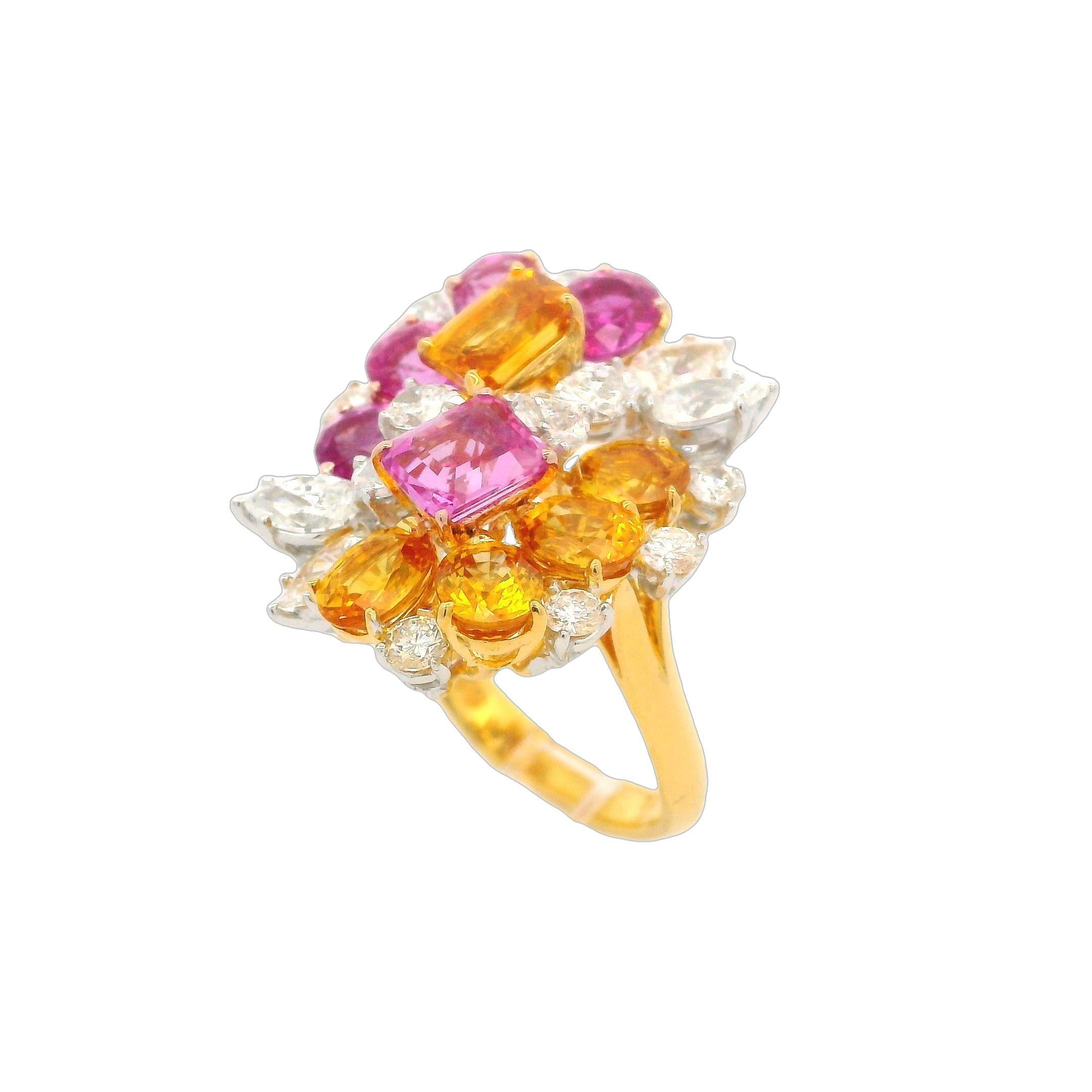 Bague en or 18 carats, platine, saphir rose et jaune 7,81 carats certifié GIA et diamants en vente 2