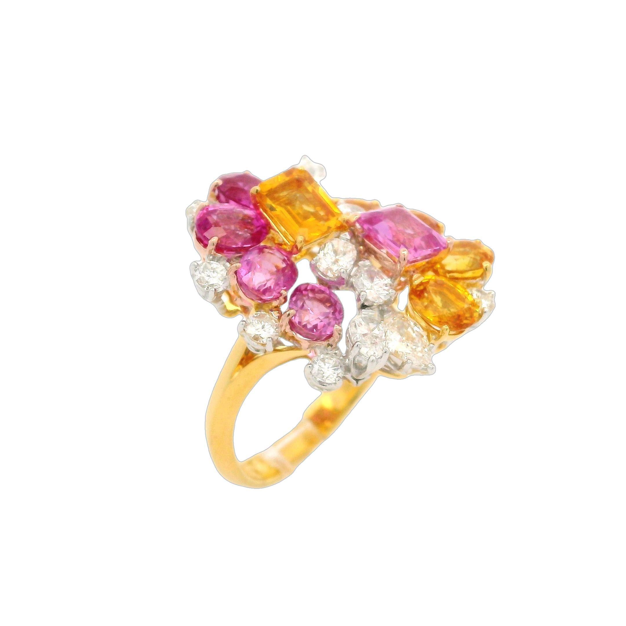 Bague en or 18 carats, platine, saphir rose et jaune 7,81 carats certifié GIA et diamants en vente 3