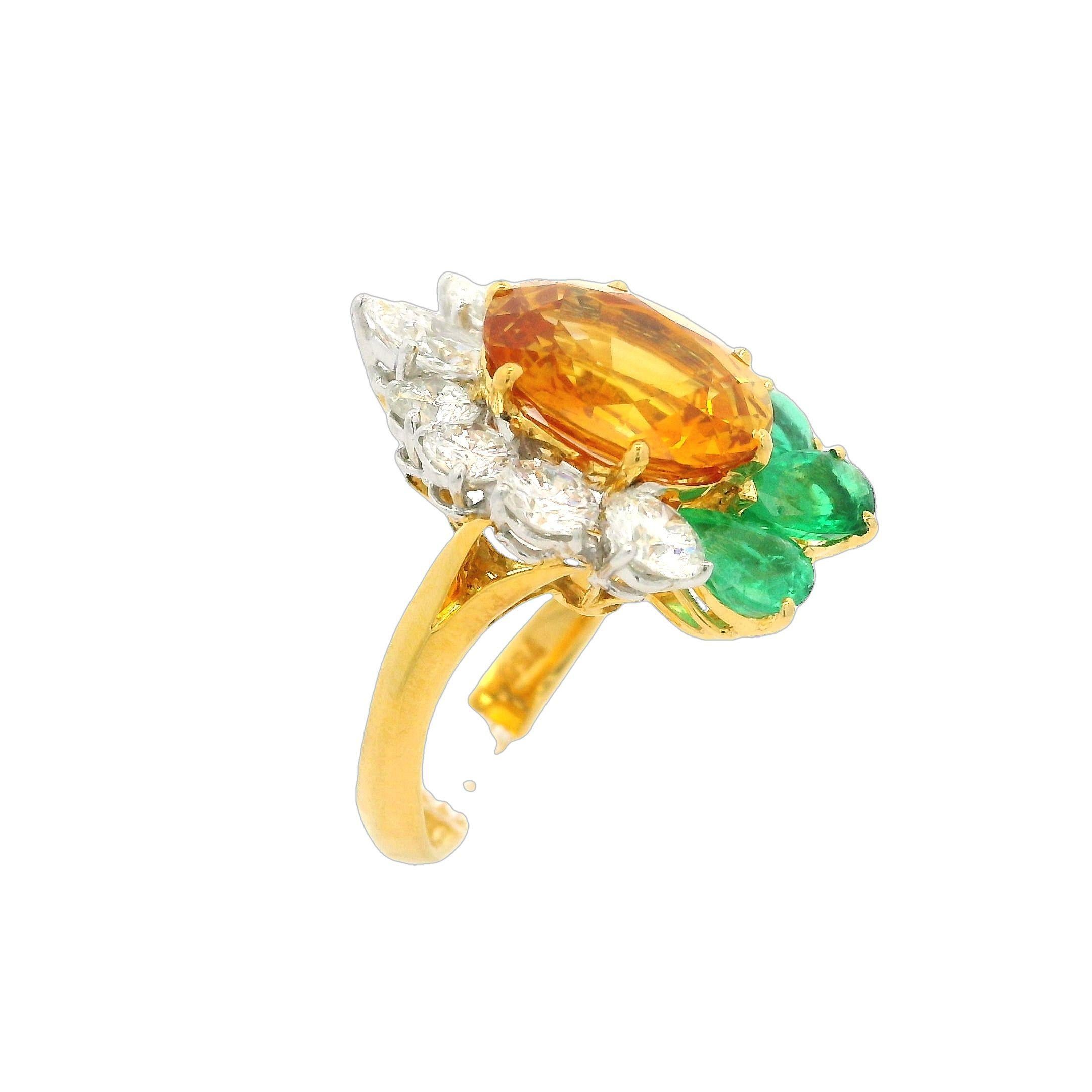 18k Gold Platinum GIA 8.89ctw Orangy Yellow Sapphire Emerald & Diamond Ring For Sale 5