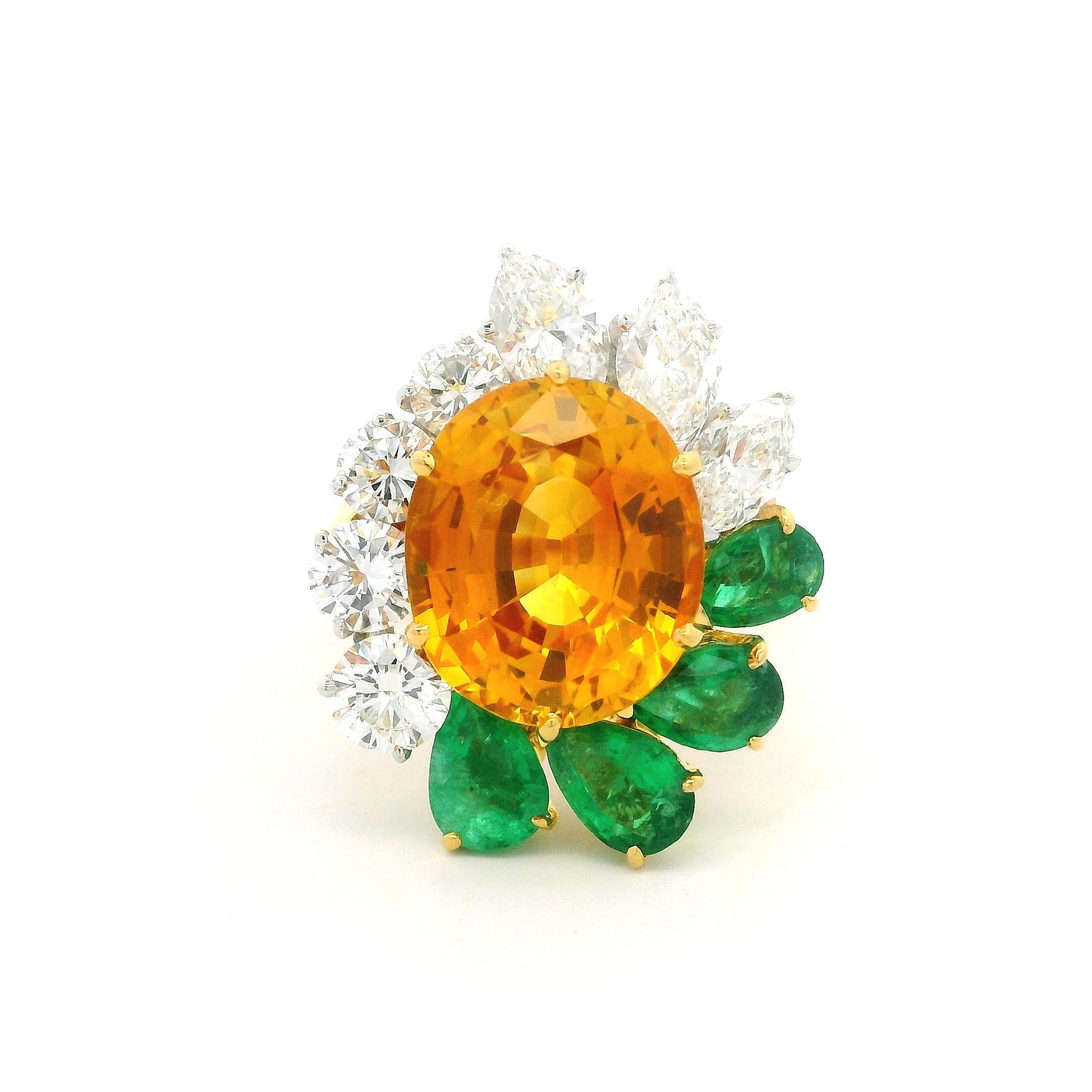 18k Gold Platinum GIA 8.89ctw Orangy Yellow Sapphire Emerald & Diamond Ring For Sale 6
