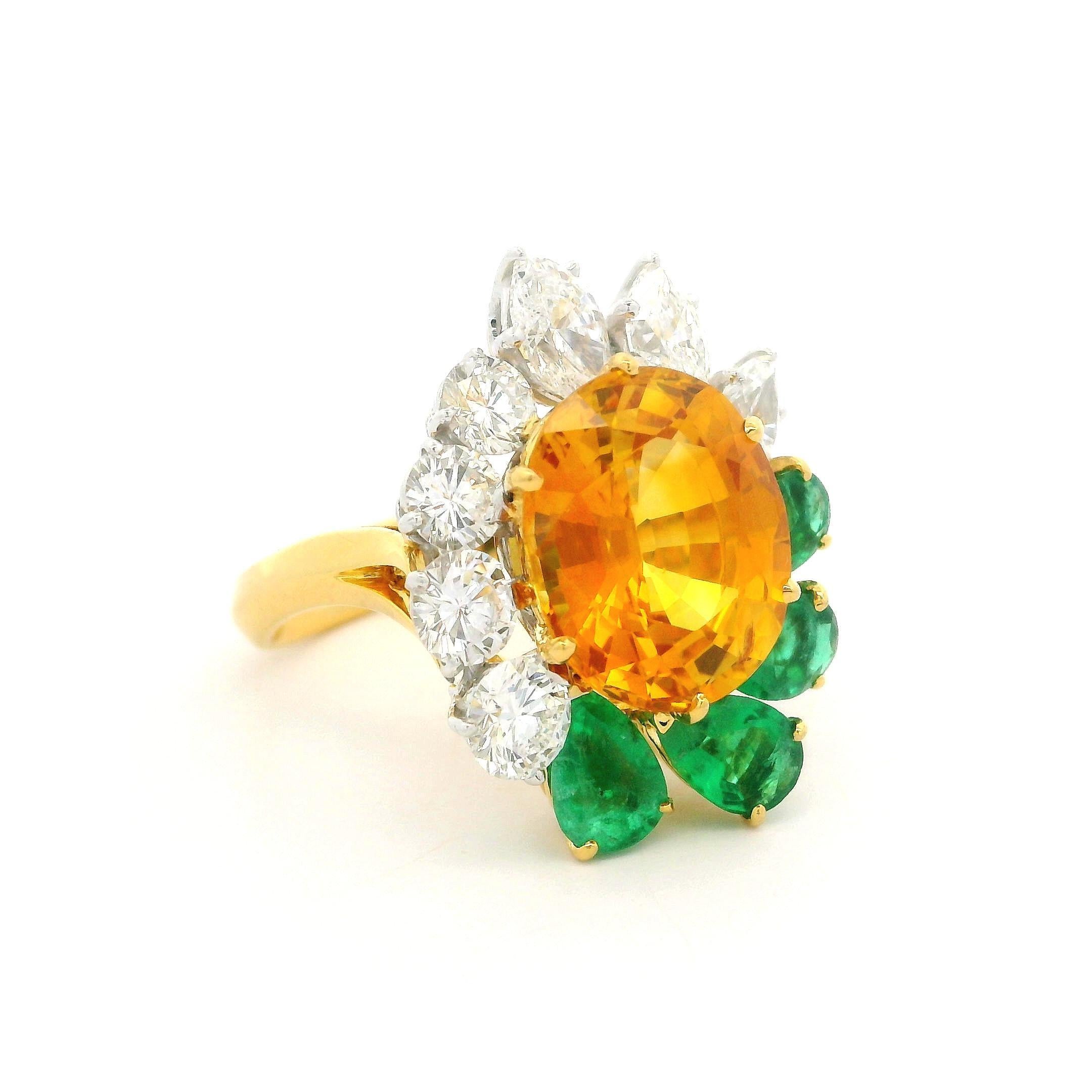 18k Gold Platinum GIA 8.89ctw Orangy Yellow Sapphire Emerald & Diamond Ring For Sale 7