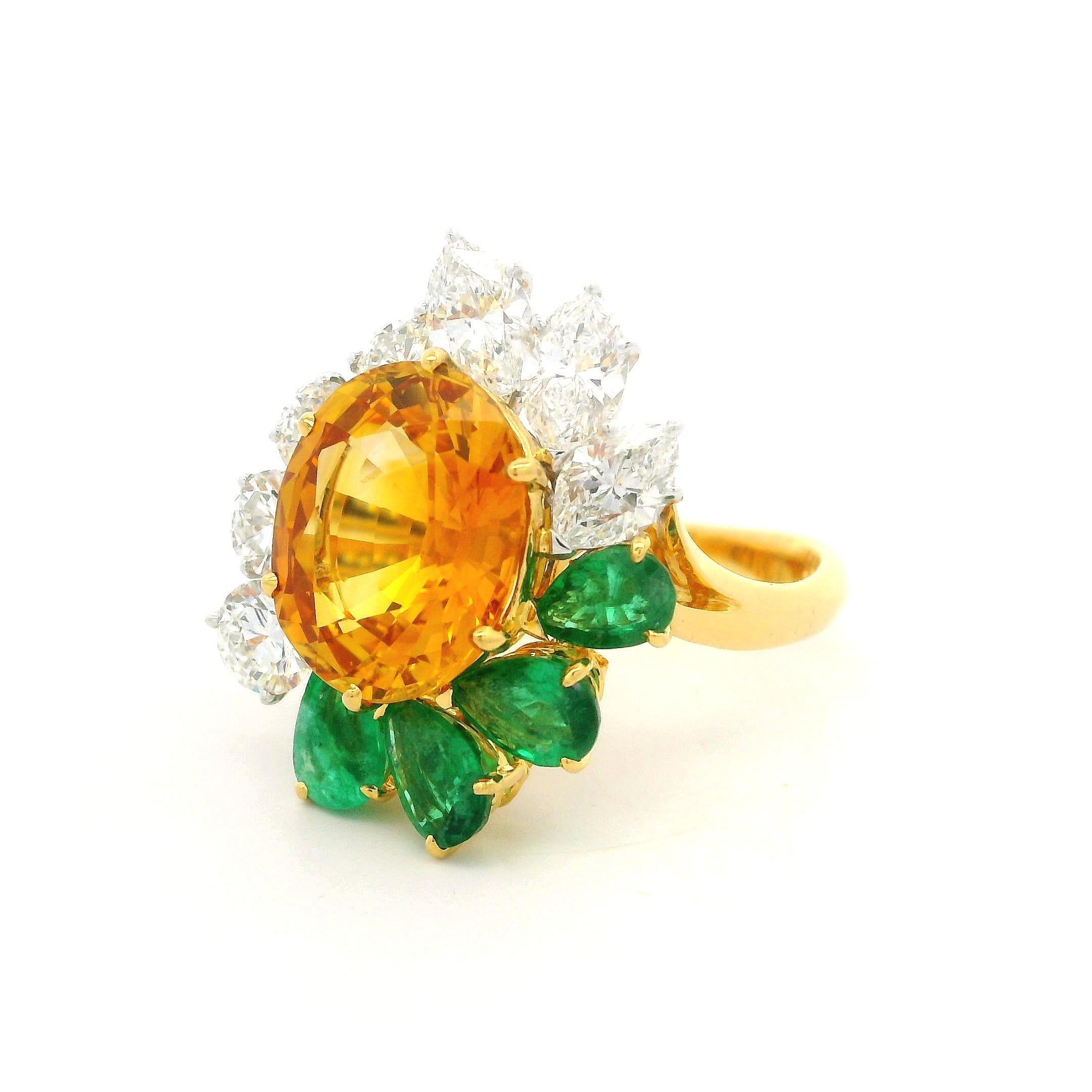 18k Gold Platinum GIA 8.89ctw Orangy Yellow Sapphire Emerald & Diamond Ring For Sale 8