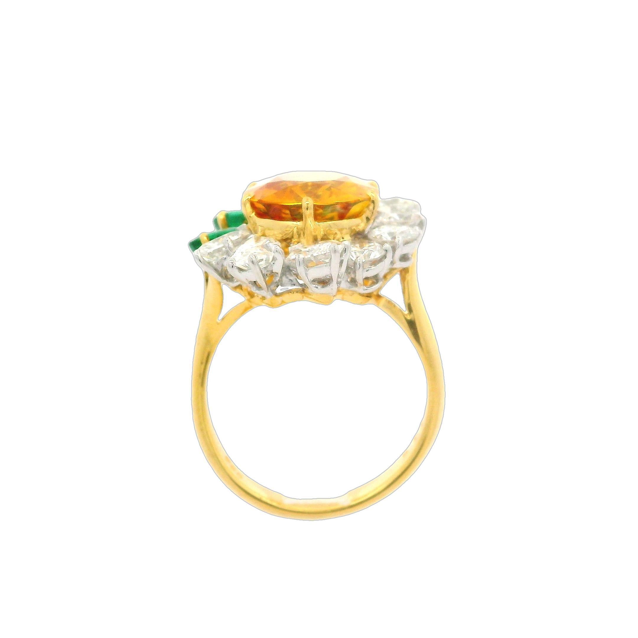 --Stone(s):--
(1) Natural Genuine Sapphire - Elongated Oval Cut - Dual Prong Set - Vivid Clean Orange Yellow Color - Heated - Ceylon - 5.77ct (exact-certified)
**See Certification Details Below** 
(4) Natural Genuine Emeralds- Pear Cut - Prong Set -